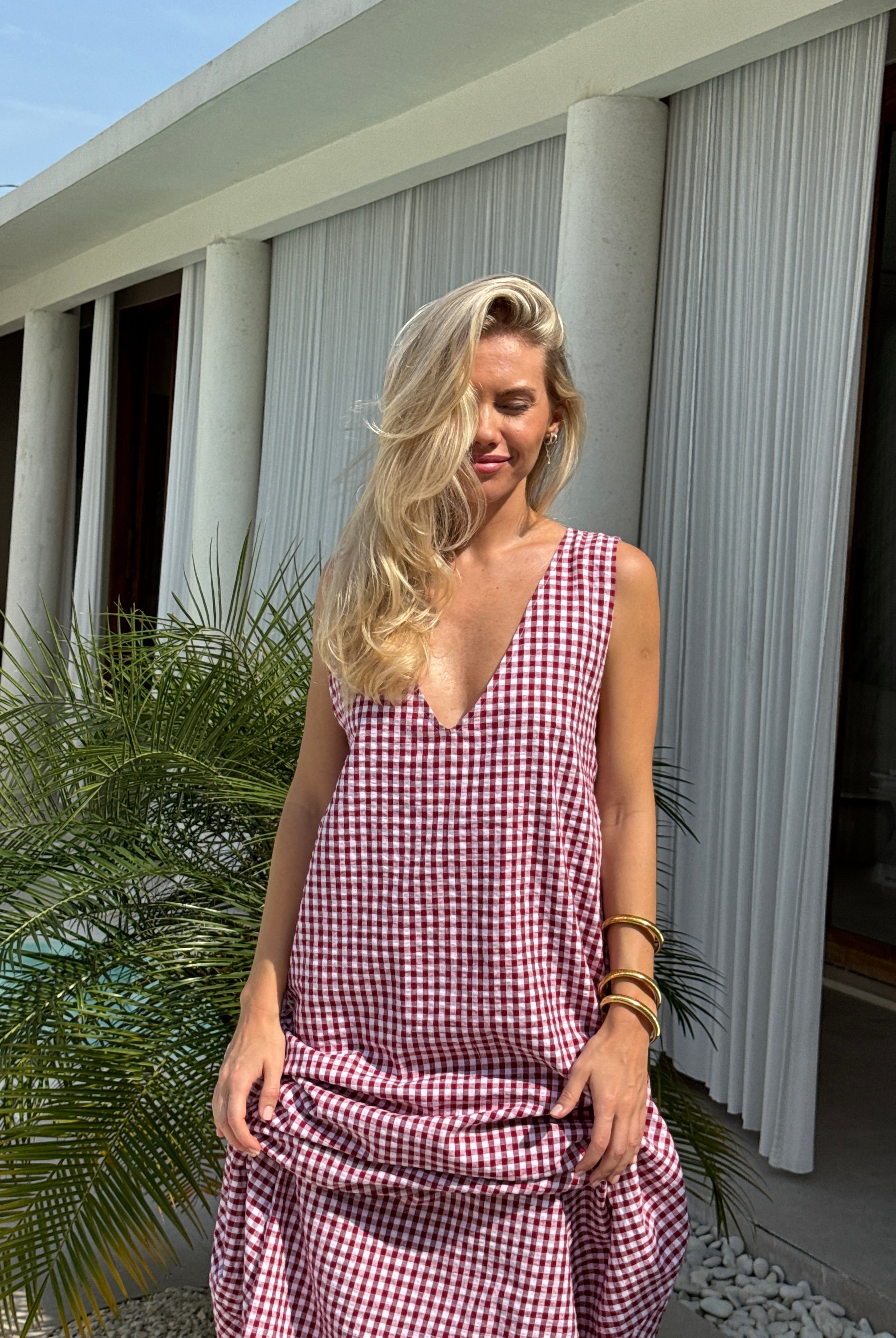 Red gingham cotton Gili maxi β garden party, Kentucky Derby and spring occasion dress 2026, Puka The Label