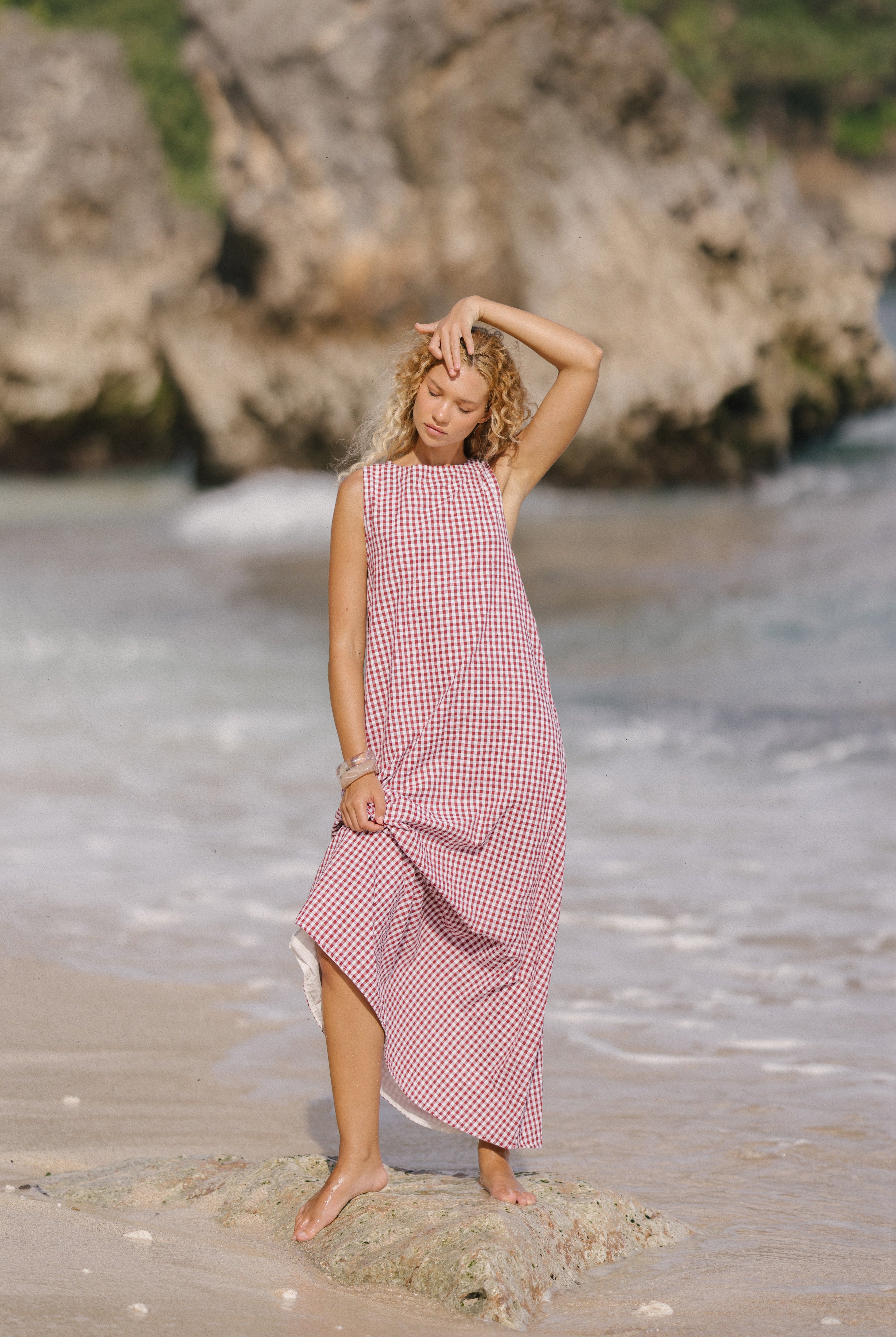 Red gingham Gili maxi dress β 4th of July patriotic outfit idea for women, Americana summer style, Puka The Label