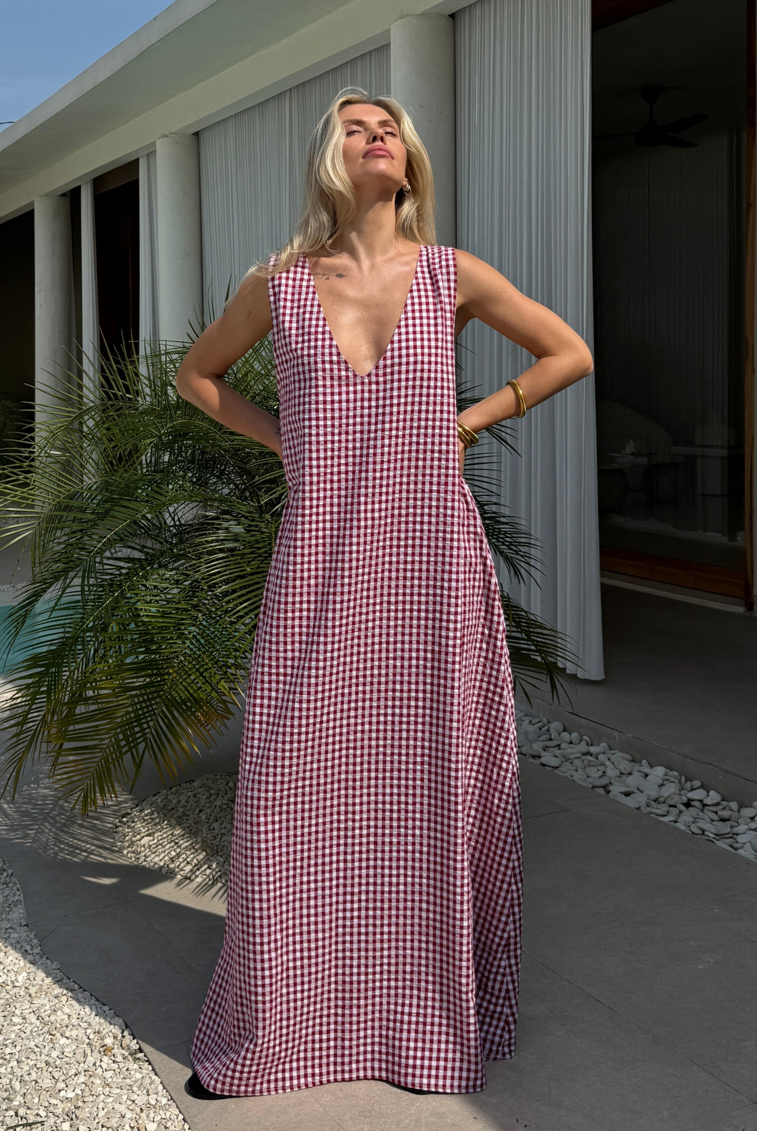 What to wear in the Hamptons 2026 β red gingham cotton Gili maxi dress, Puka The Label