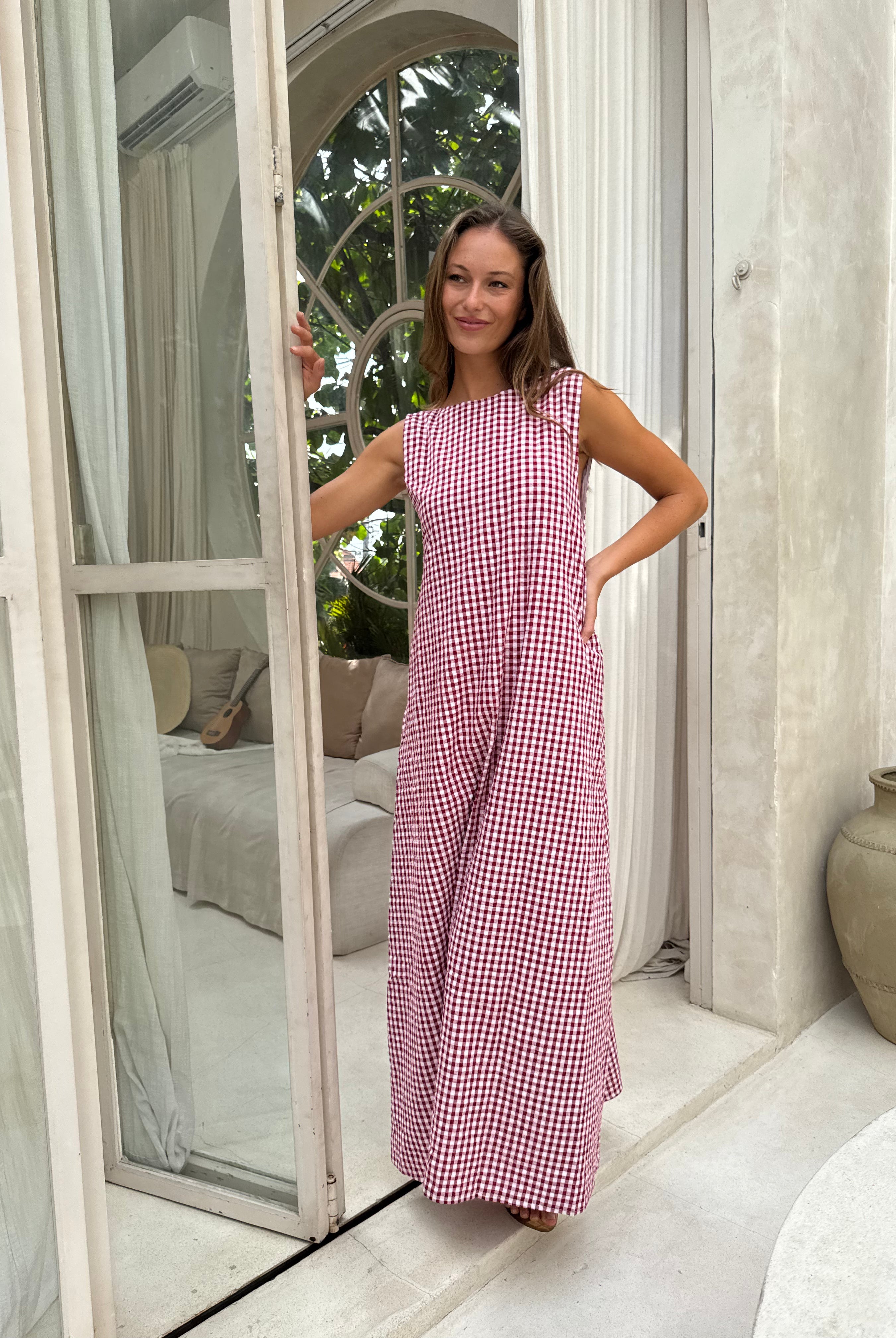 Red gingham Gili maxi dress β high neck elegant styling for summer dinners and rooftop parties, Puka The Label