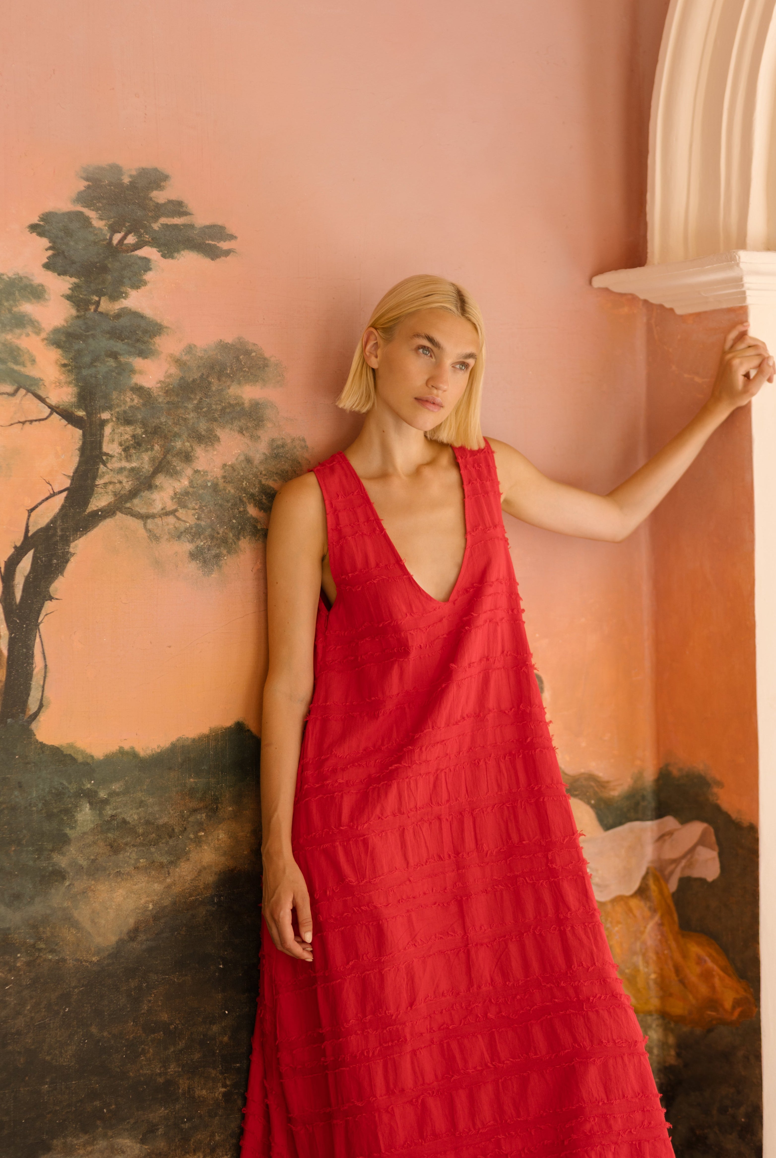 Red maxi dress graduation party outfit 2026, bold cotton dress for outdoor summer ceremony, garden celebration, and milestone event