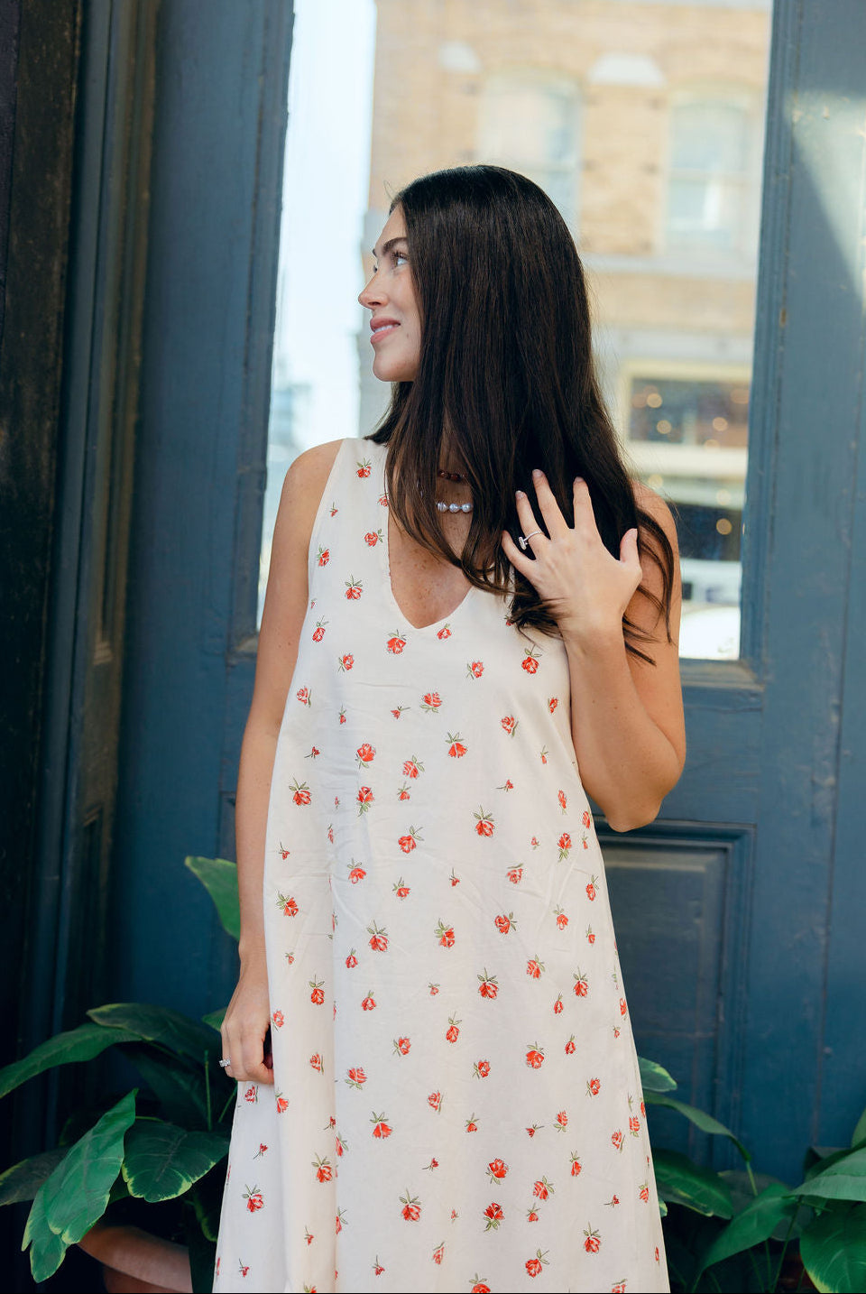 Red Posey Gili Dress high neck style, reversible floral maxi dress detail by Puka The Label
