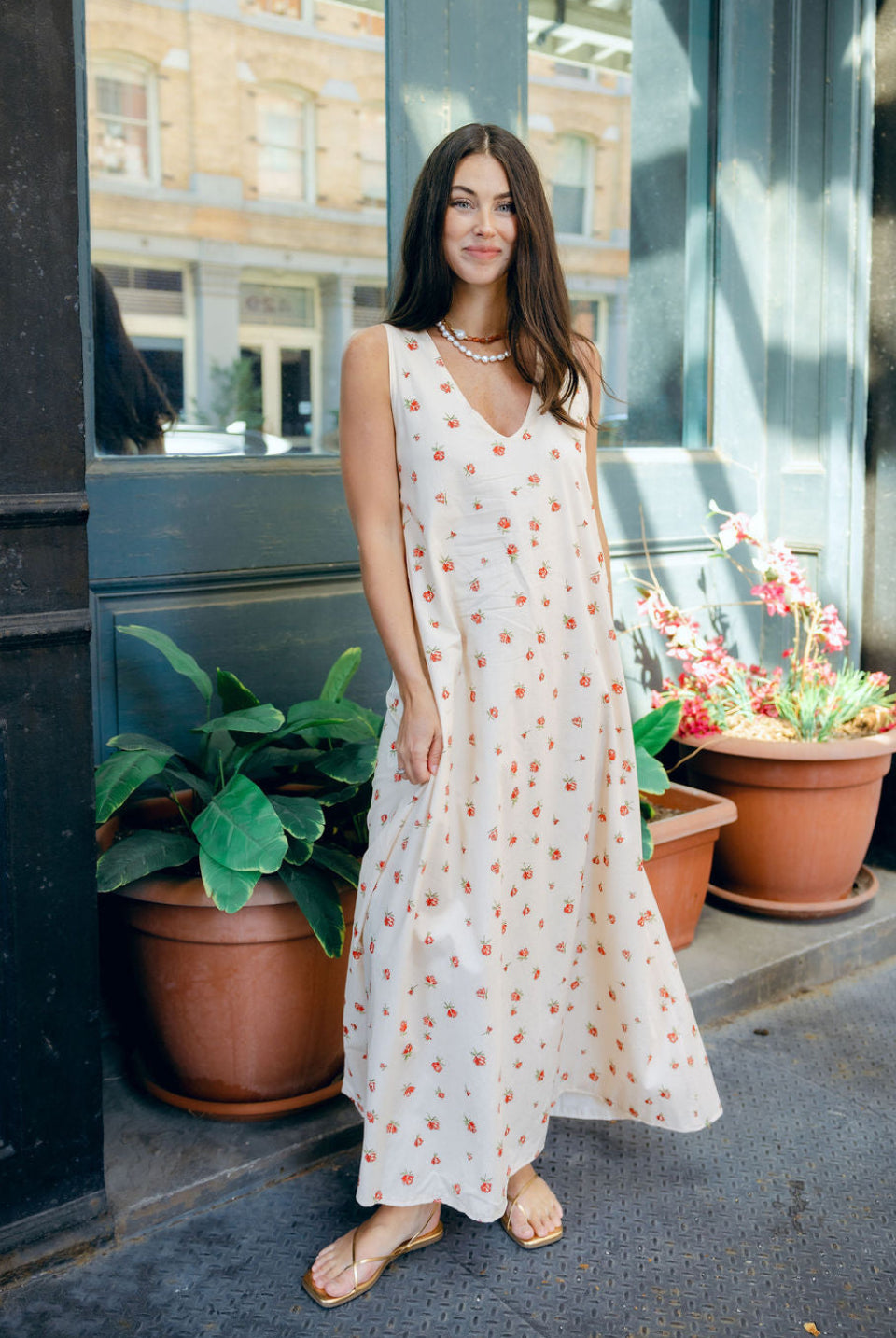 Red Posey Gili Dress V-neck full length by Puka The Label, reversible floral cotton maxi dress