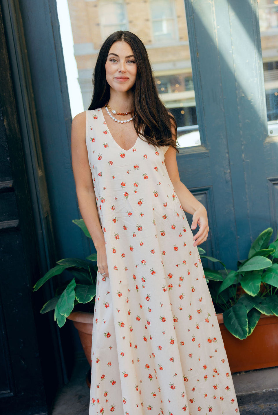 Red Posey Gili Dress by Puka The Label, cream floral maxi with V-neck reversible neckline