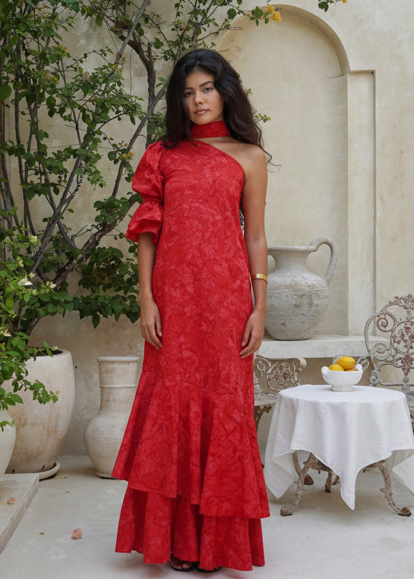 Red ruffle maxi dress coastal wedding guest outfit idea 2026, hand-dyed one shoulder cotton dress Puka The Label