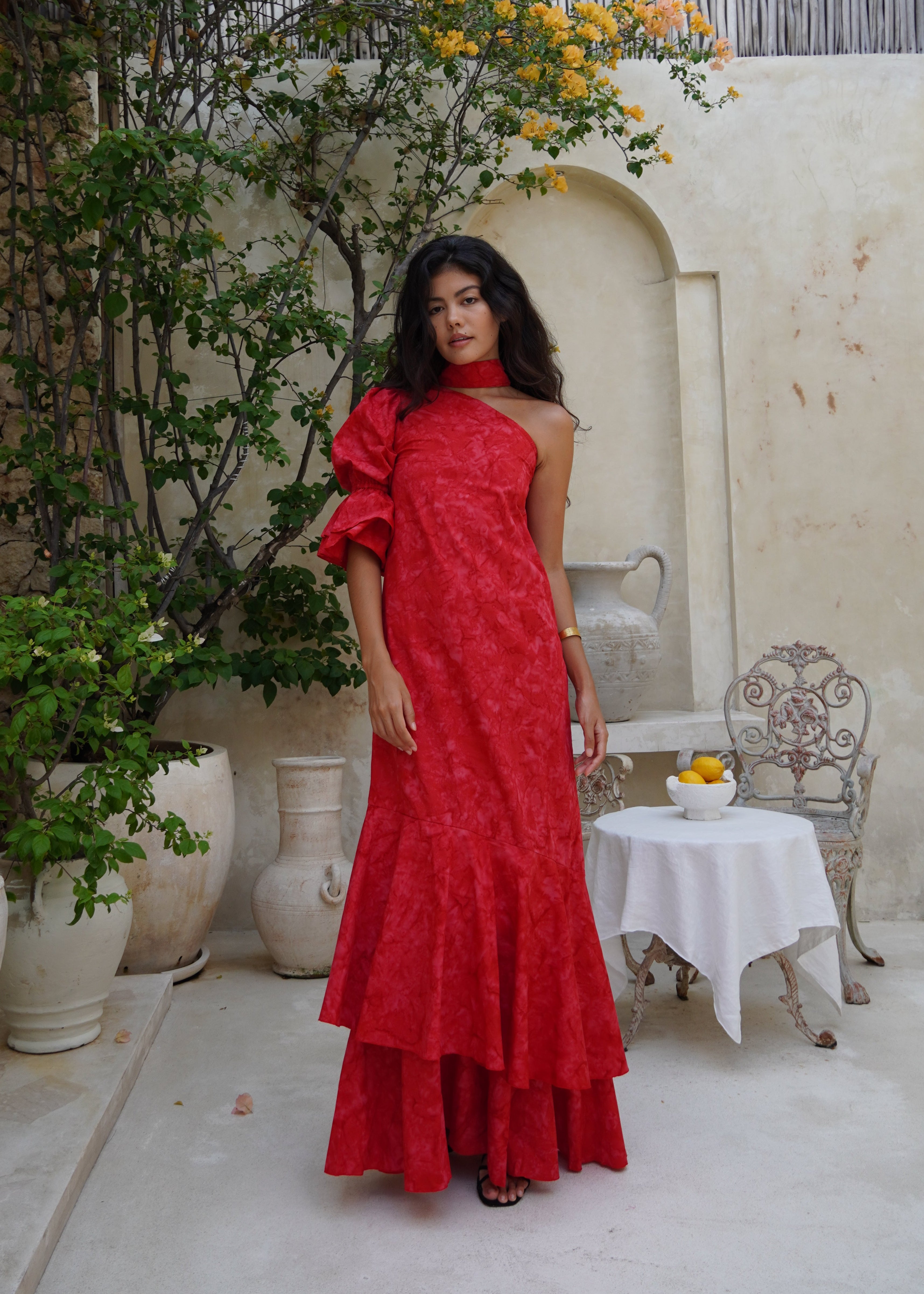 Chic red ruffle maxi dress, dresses for black tie and beach weddings, sophisticated stunning, one of a kind dresses for formal events