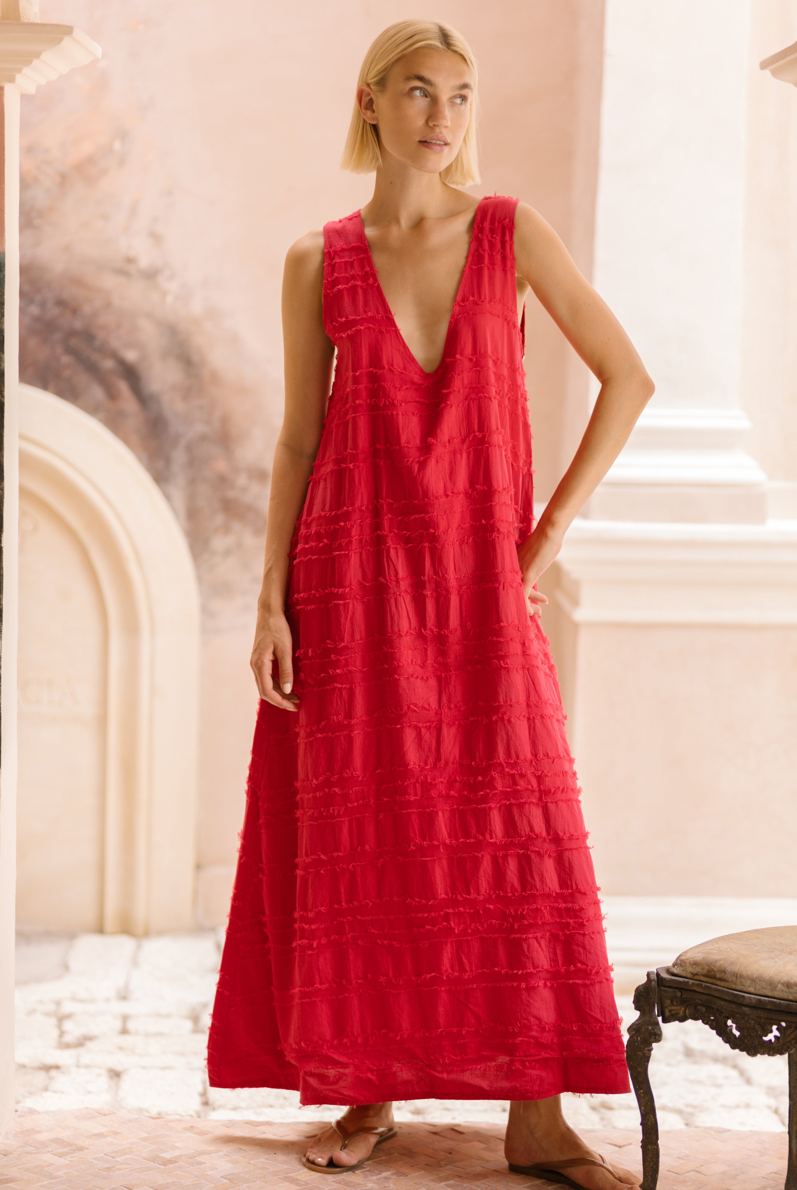 Red textured cotton maxi dress 4th of July outfit idea 2026, bold feather print dress for summer BBQ, lake house party, and patriotic celebration