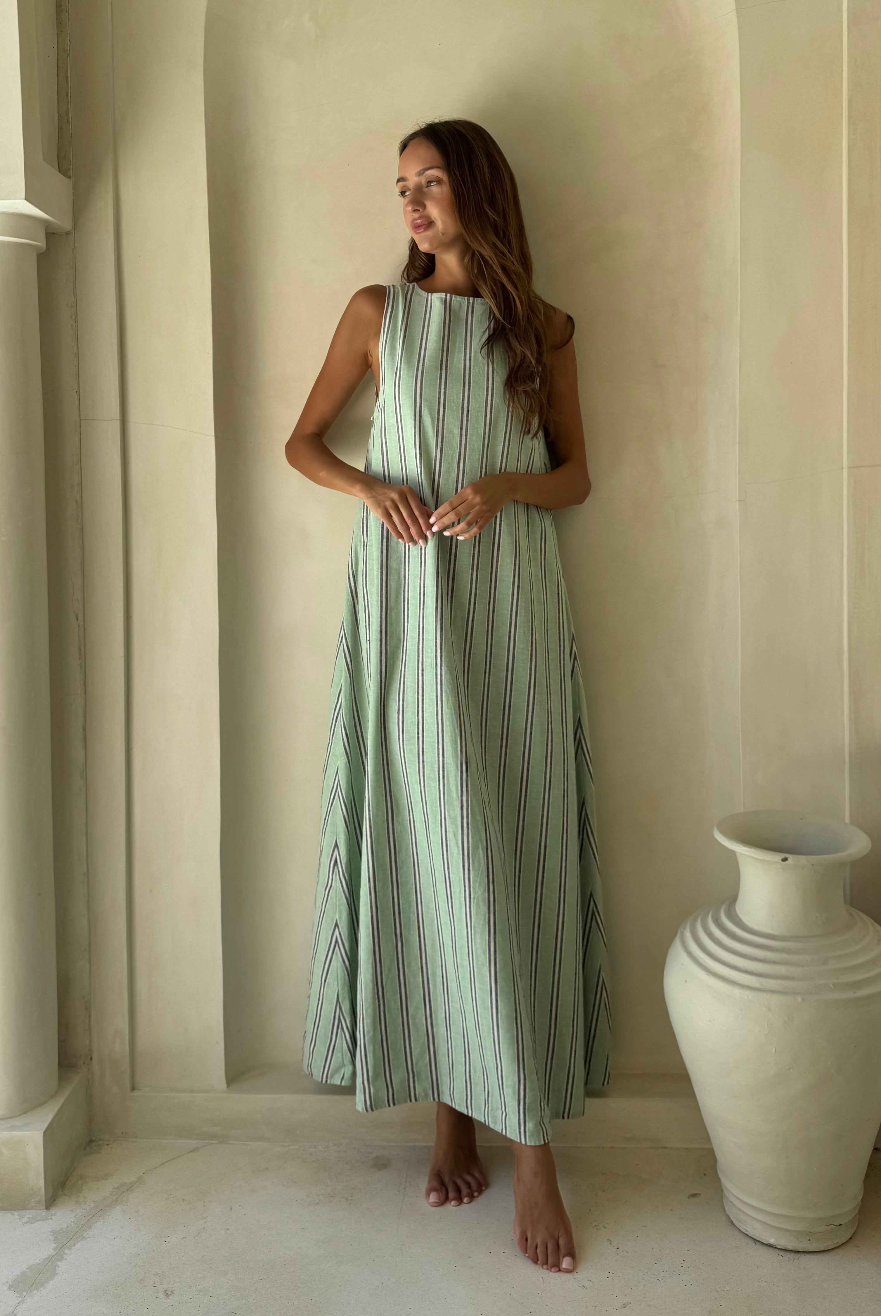 Gili Stripe Maxi Dress in green, navy and white β effortless beach to dinner style with convertible neckline