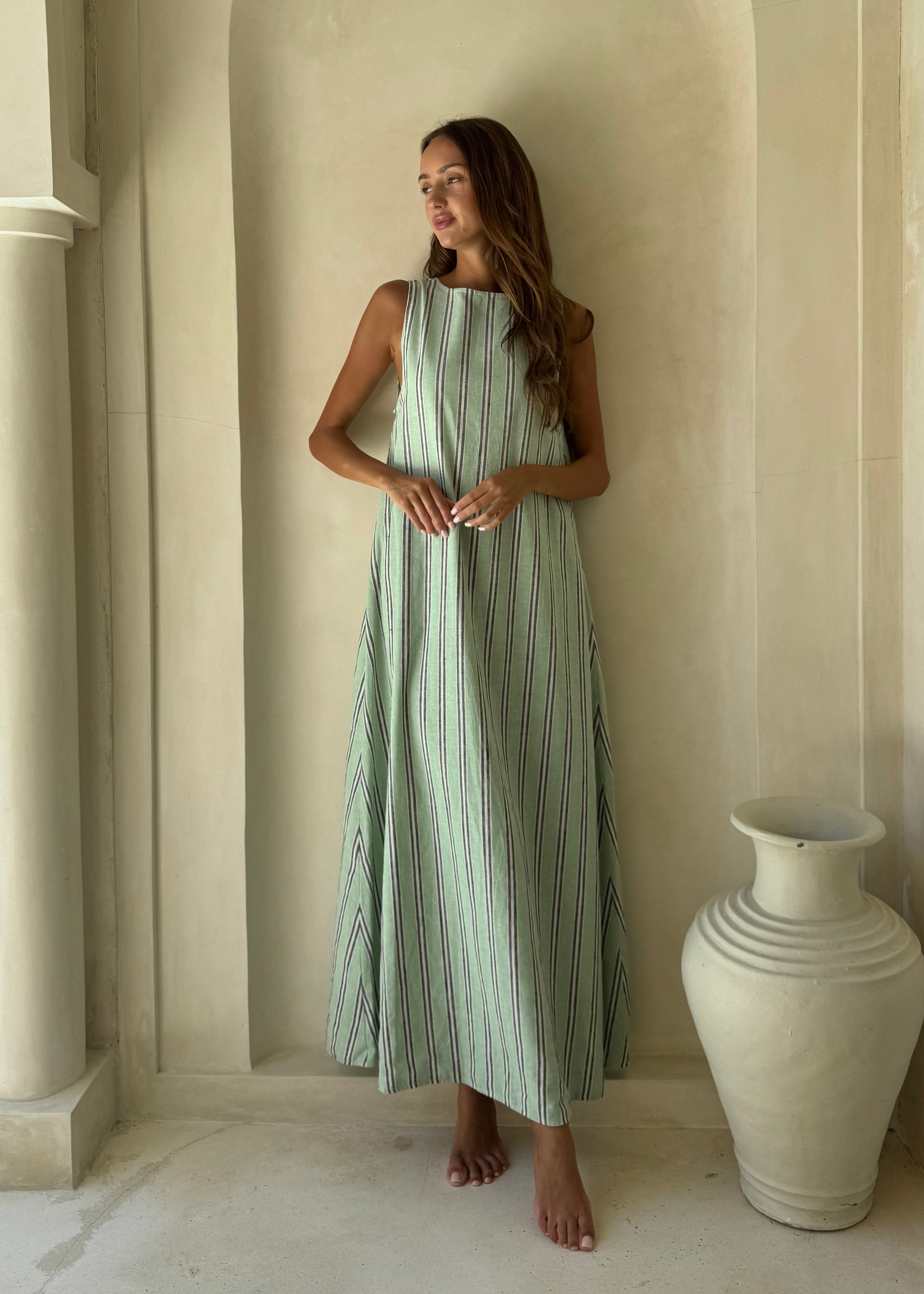 Gili Stripe Maxi Dress in green, navy and white — effortless beach to dinner style with convertible neckline
