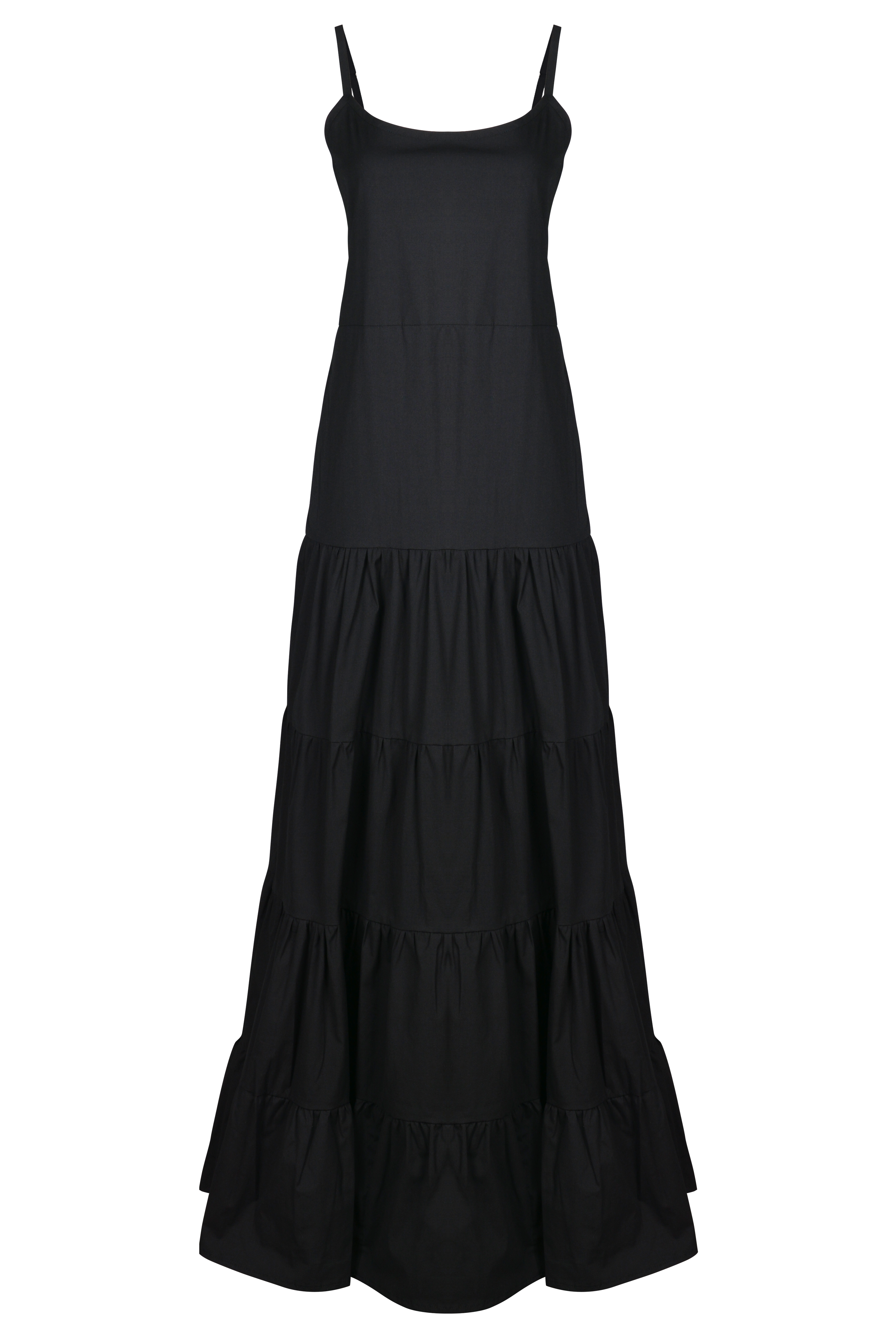 Waverly Dress black ghost mannequin flat lay, tiered cotton maxi dress with adjustable straps and elastic back 100% cotton Puka The Label 2026