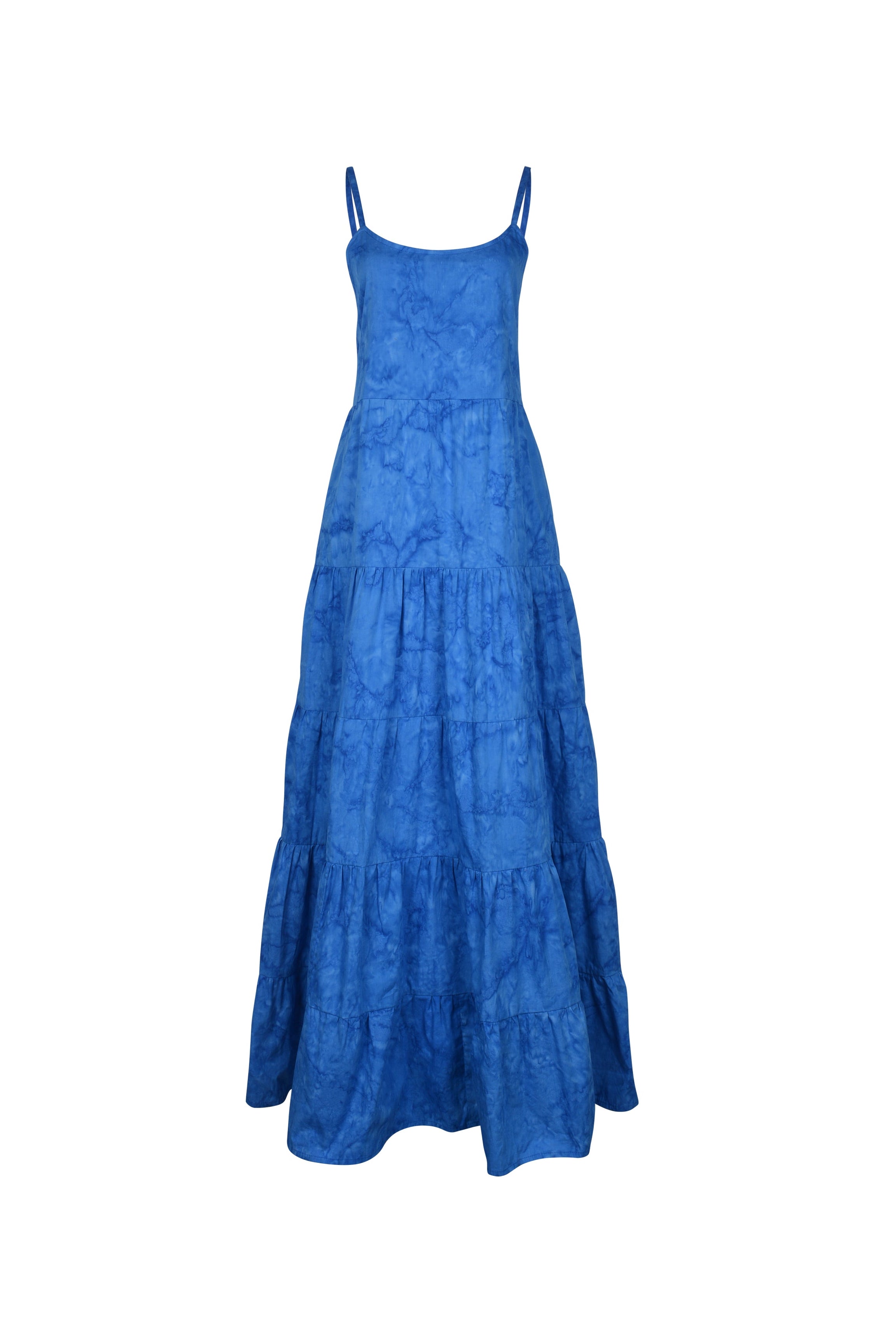 Waverly Dress cobalt blue ghost mannequin flat lay, hand-dyed tiered cotton maxi dress with adjustable straps and elastic back 100% cotton Puka The Label 2026