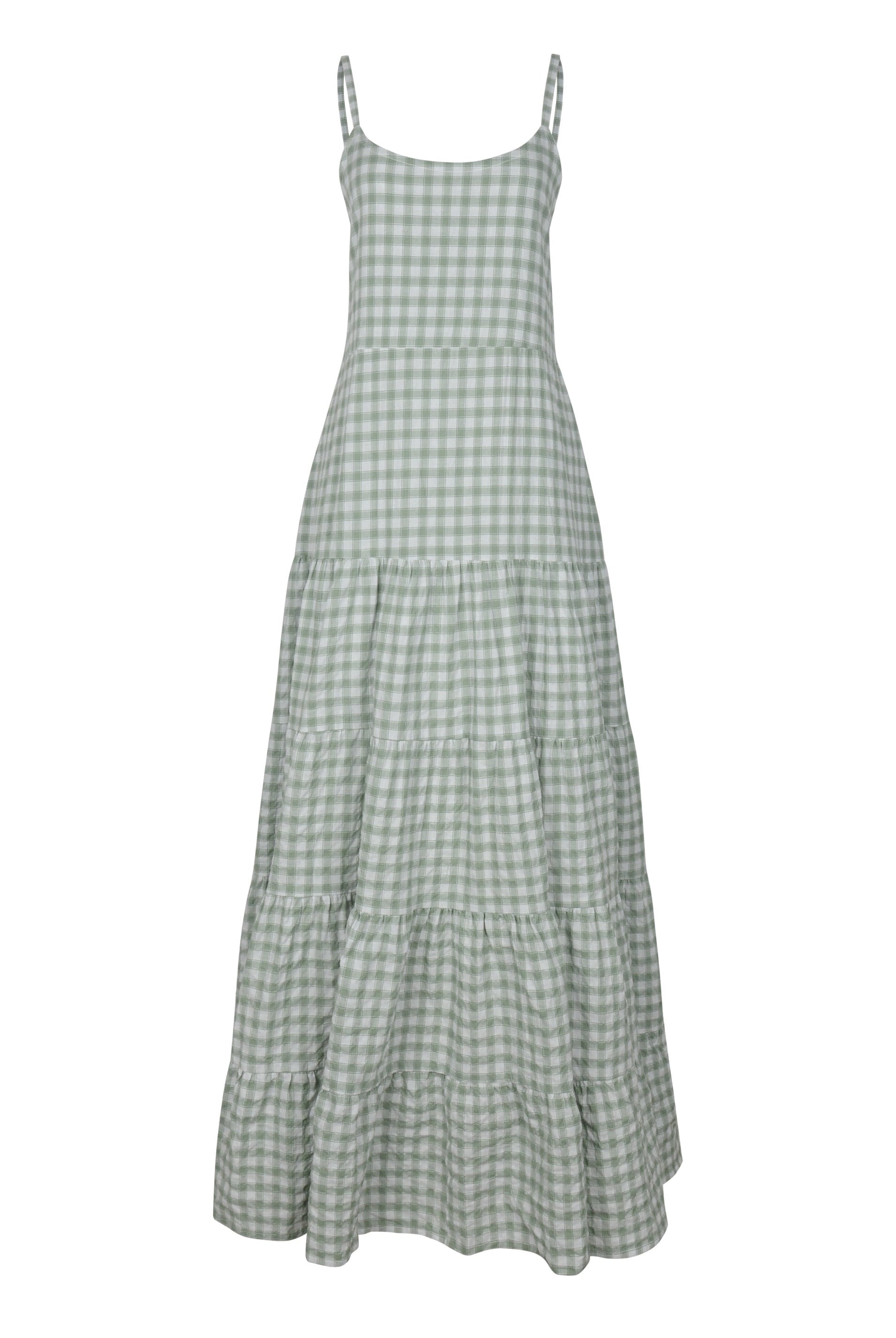 Waverly Dress green gingham ghost mannequin flat lay, tiered cotton maxi dress with adjustable straps and elastic back 100% cotton Puka The Label 2026