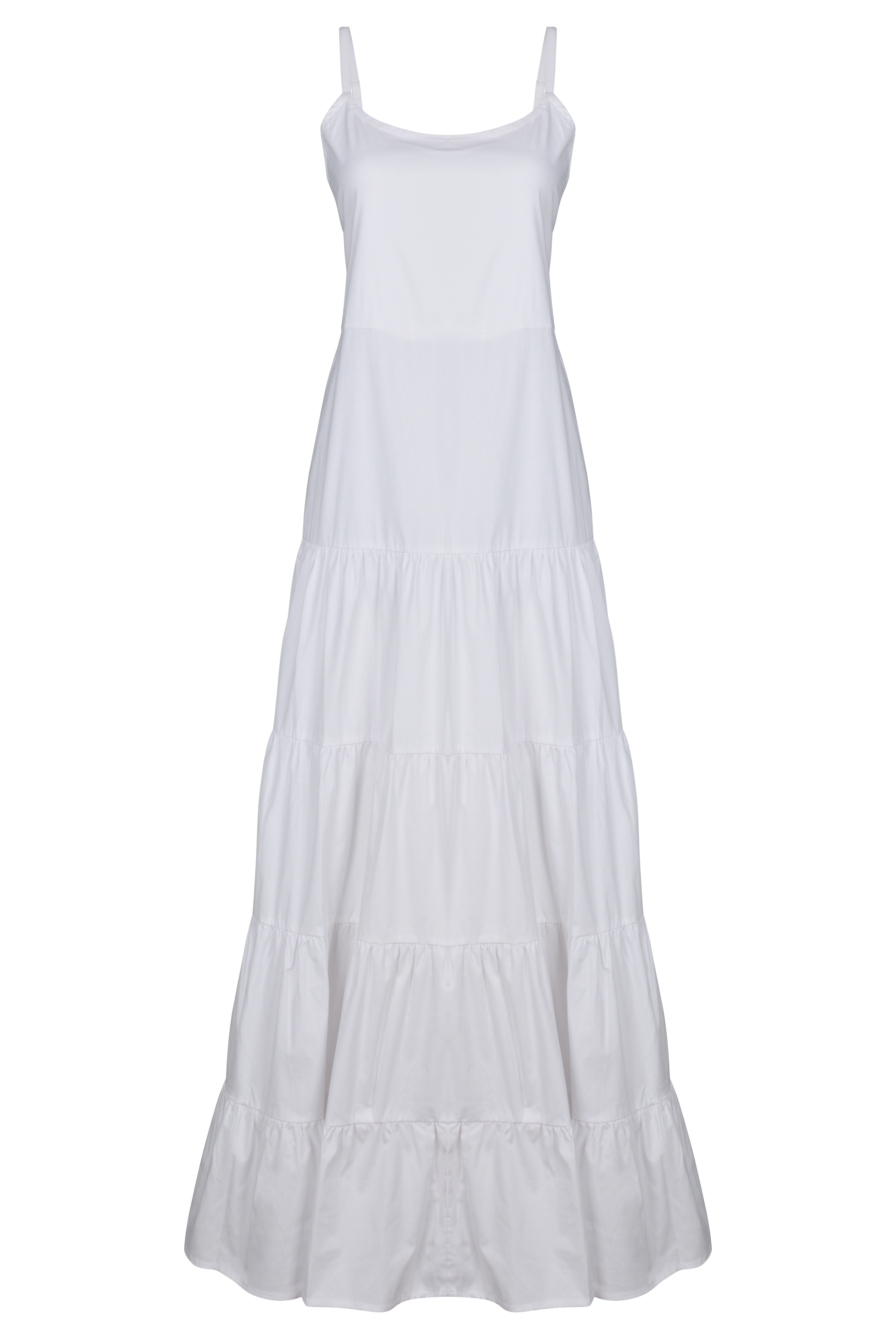 Waverly Dress white ghost mannequin flat lay, tiered cotton maxi dress with adjustable straps and elastic back 100% cotton Puka The Label 2026