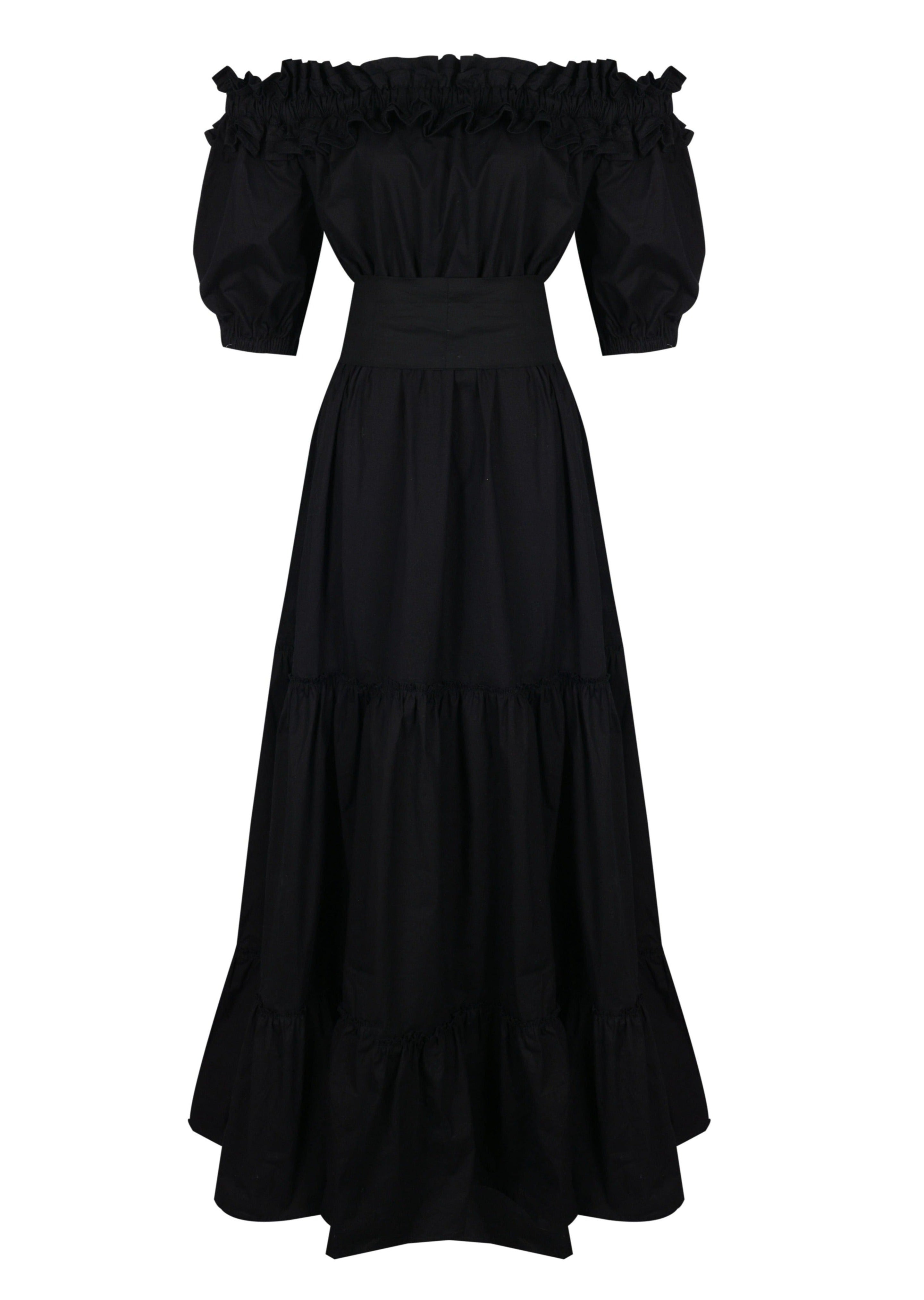Waves Maxi black flat lay ghost mannequin, off the shoulder tiered cotton maxi dress with belt 95% cotton Puka The Label