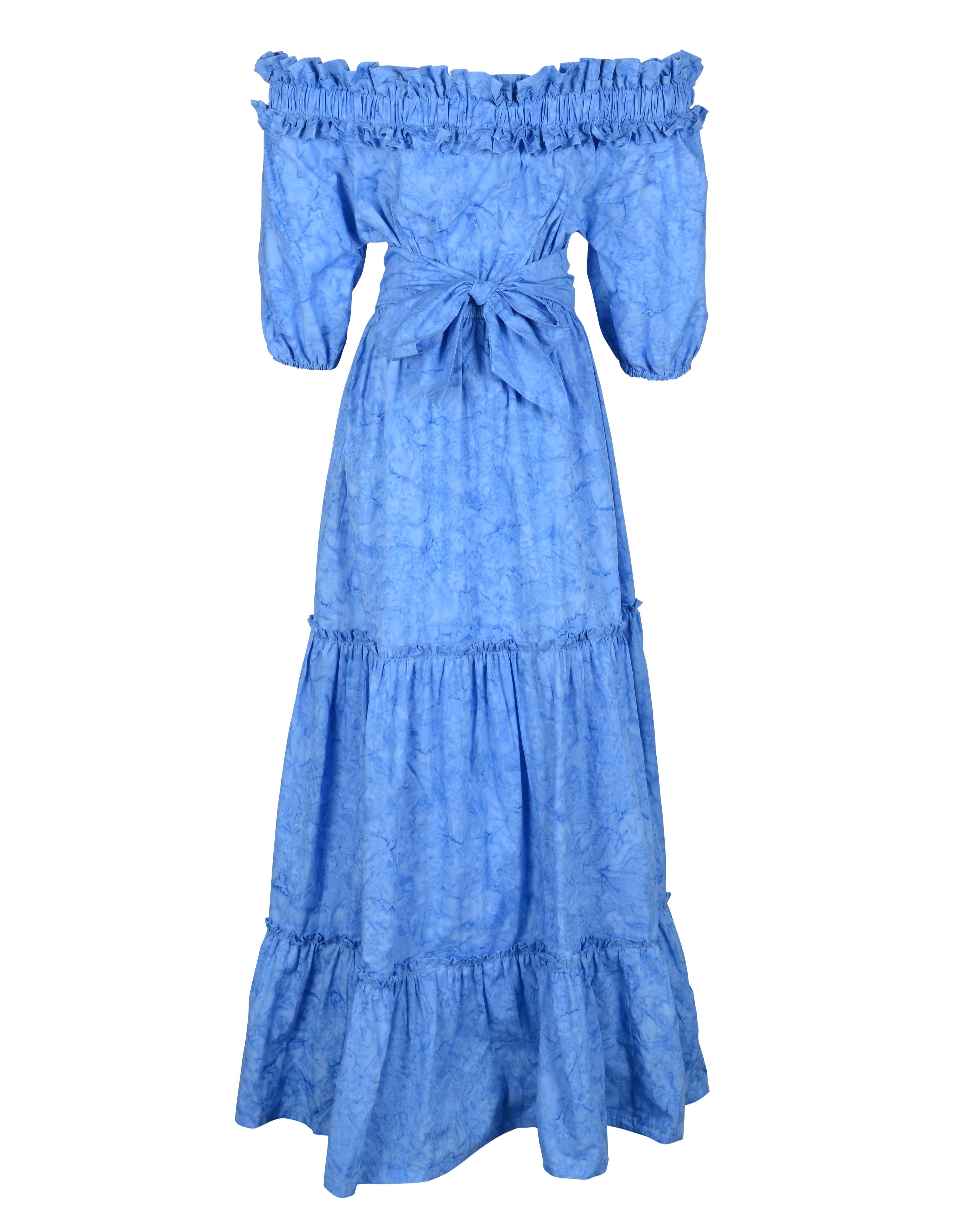 Waves Maxi blue flat lay ghost mannequin, off the shoulder tiered cotton maxi dress with belt 100% cotton Puka The Label