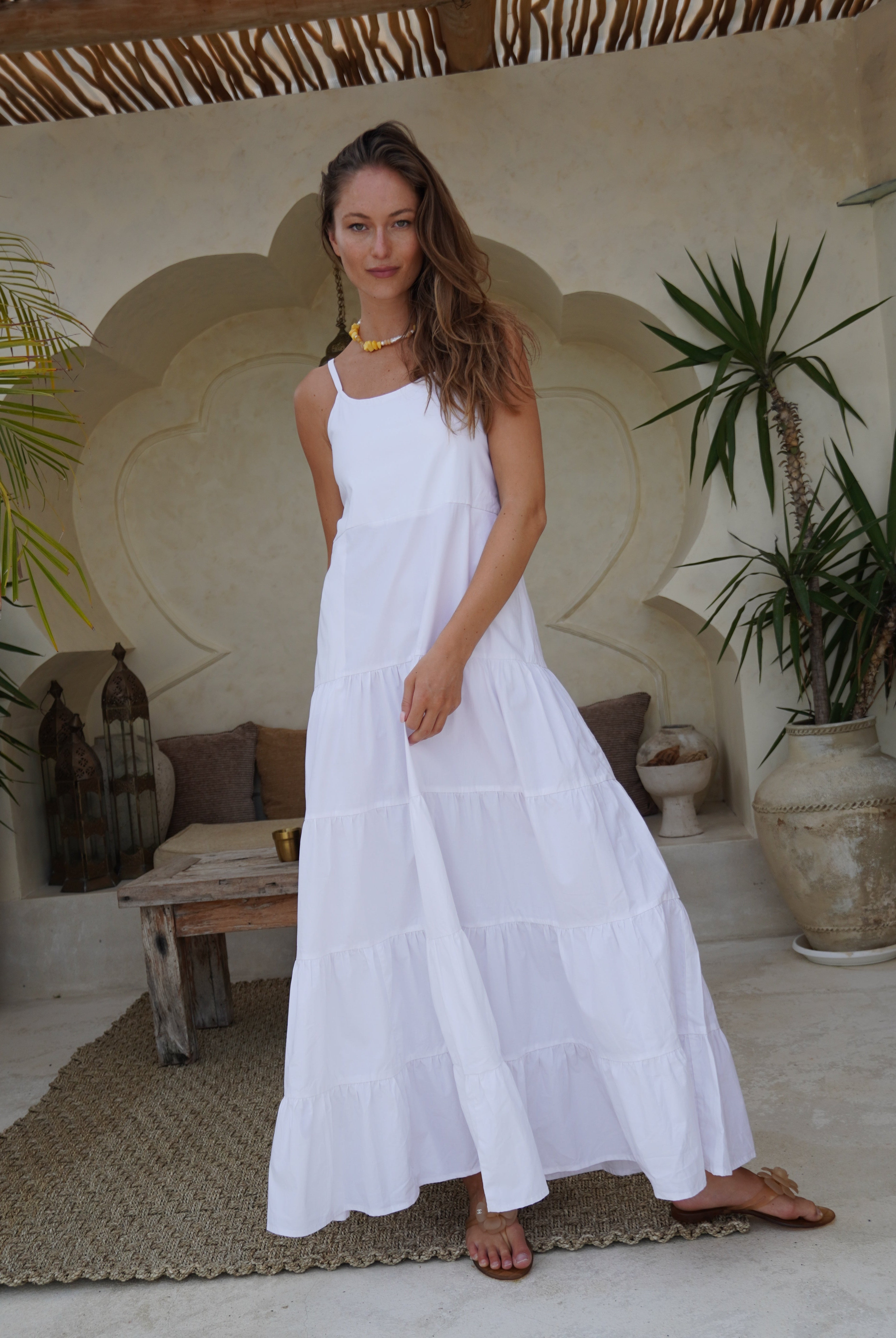 White tiered cotton maxi dress Nantucket and Hamptons coastal summer outfit 2026, flowy Waverly Dress for East Coast beach vacation and harbor occasion
