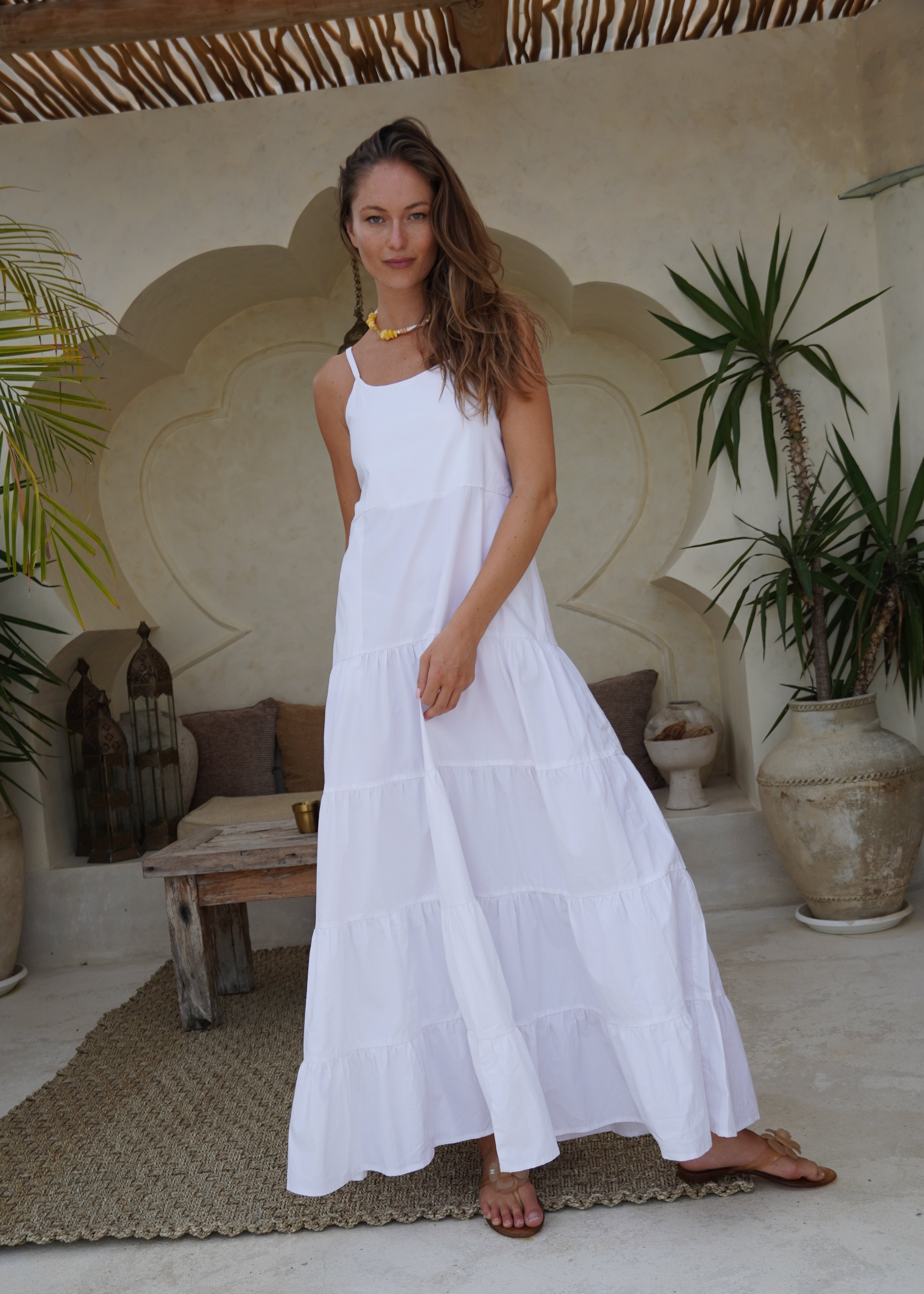 White tiered cotton maxi dress Nantucket and Hamptons coastal summer outfit 2026, flowy Waverly Dress for East Coast beach vacation and harbor occasion