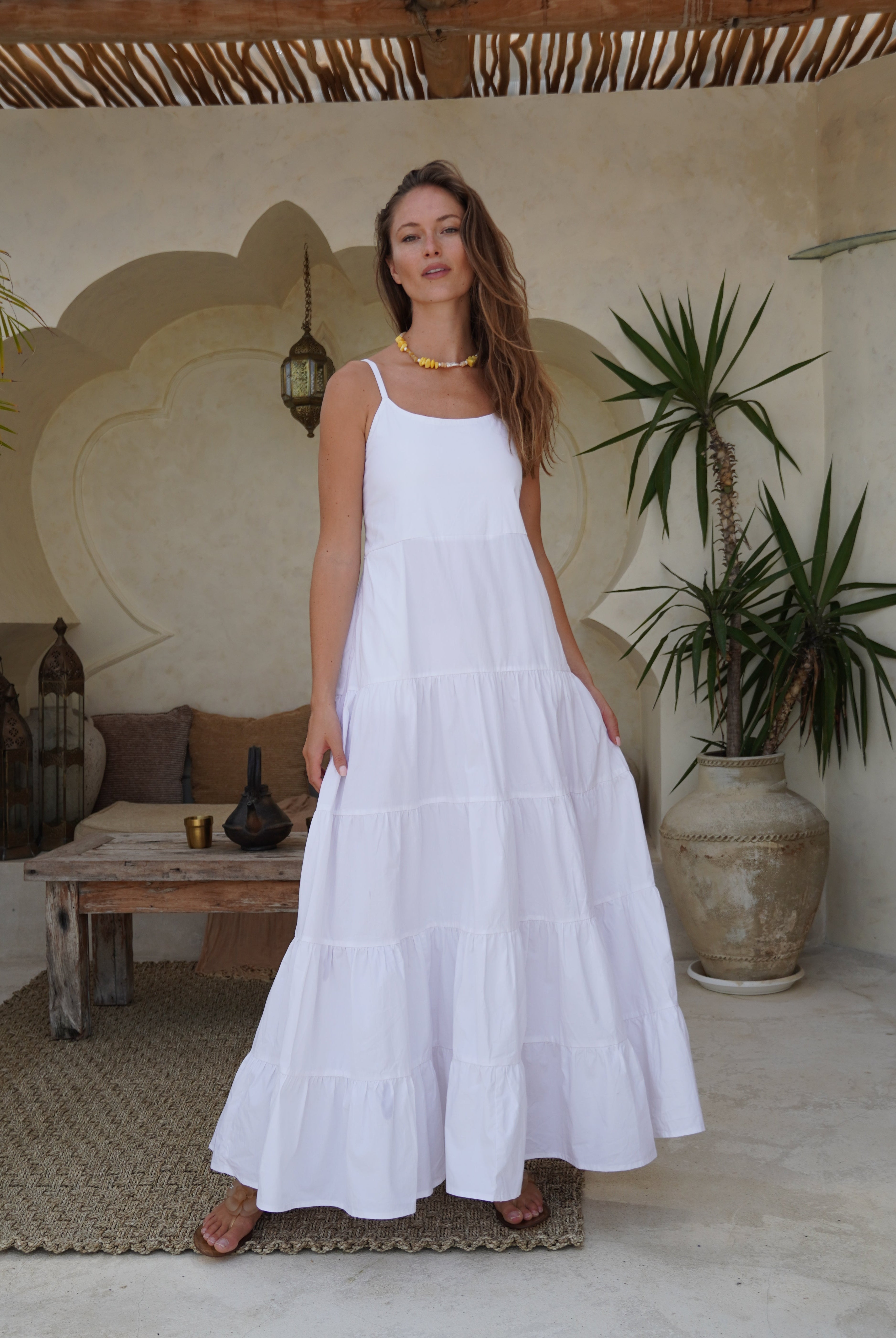 hite tiered cotton maxi dress beach vacation outfit summer 2026, flowy adjustable strap Waverly Dress Puka The Label