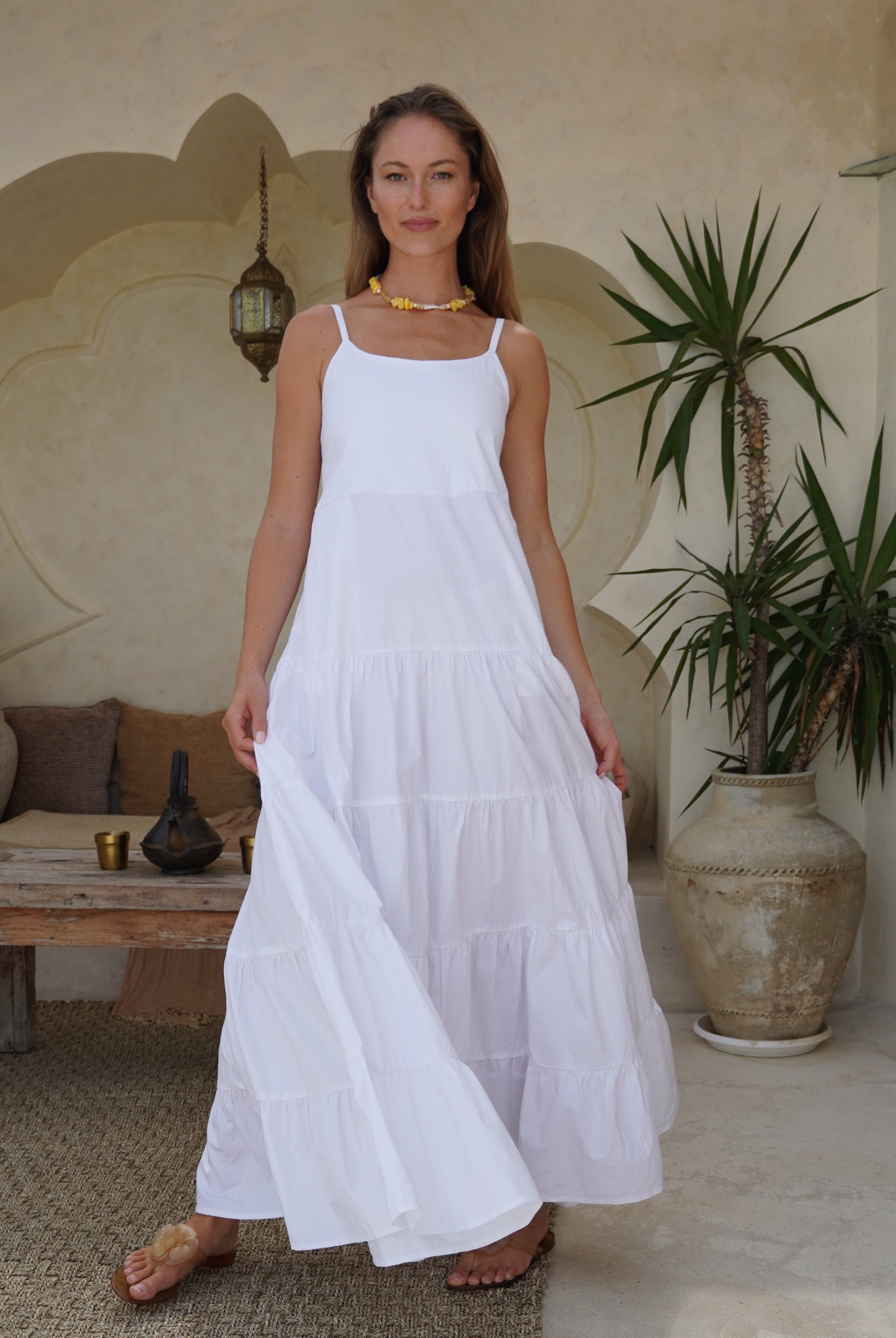 White tiered cotton maxi dress Mother's Day and graduation brunch outfit 2026, effortless flowy dress for spring and summer celebration Puka The Label