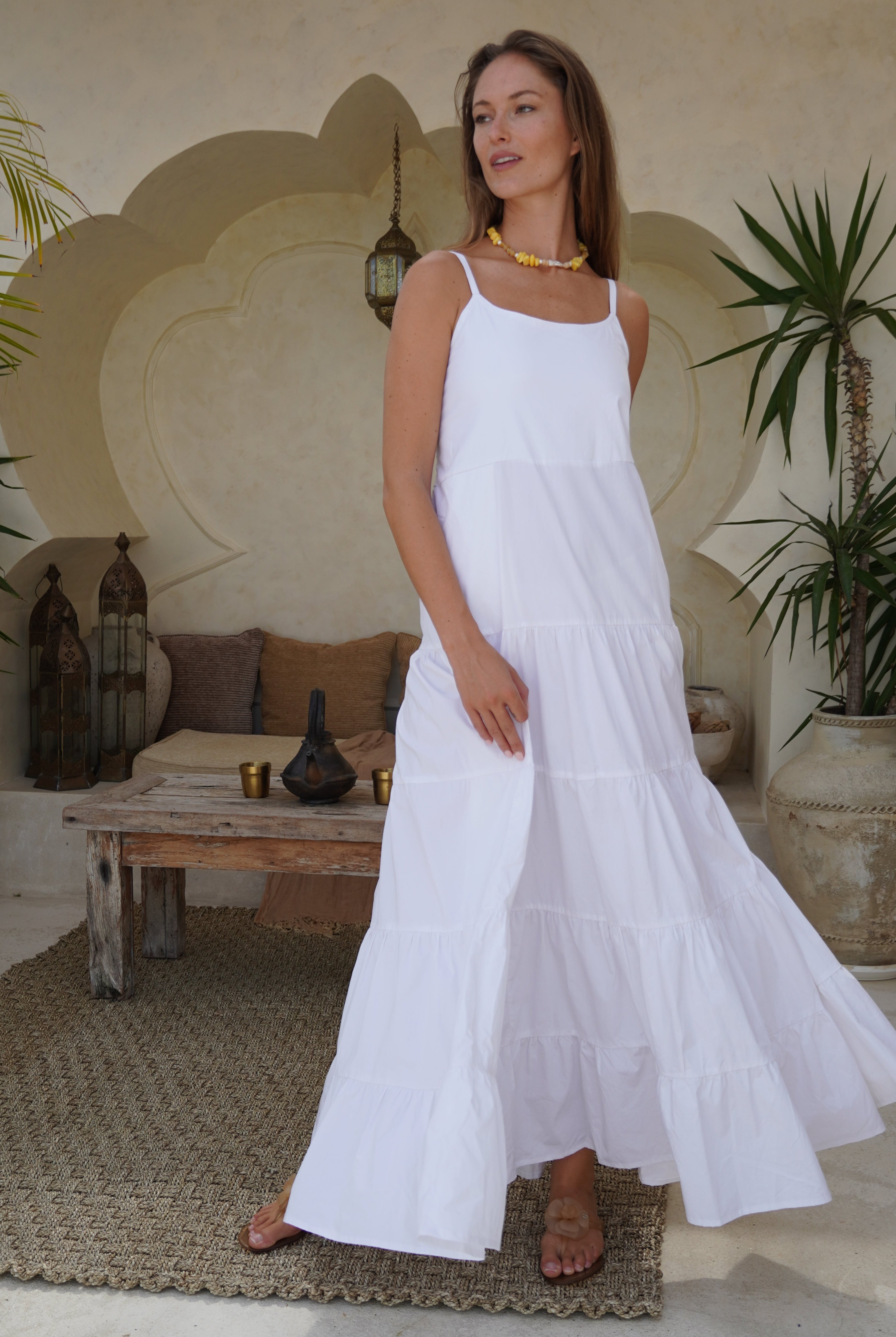 White tiered cotton Waverly Dress lake house weekend and summer getaway outfit 2026, flowy adjustable strap maxi dress for coastal and waterside occasion