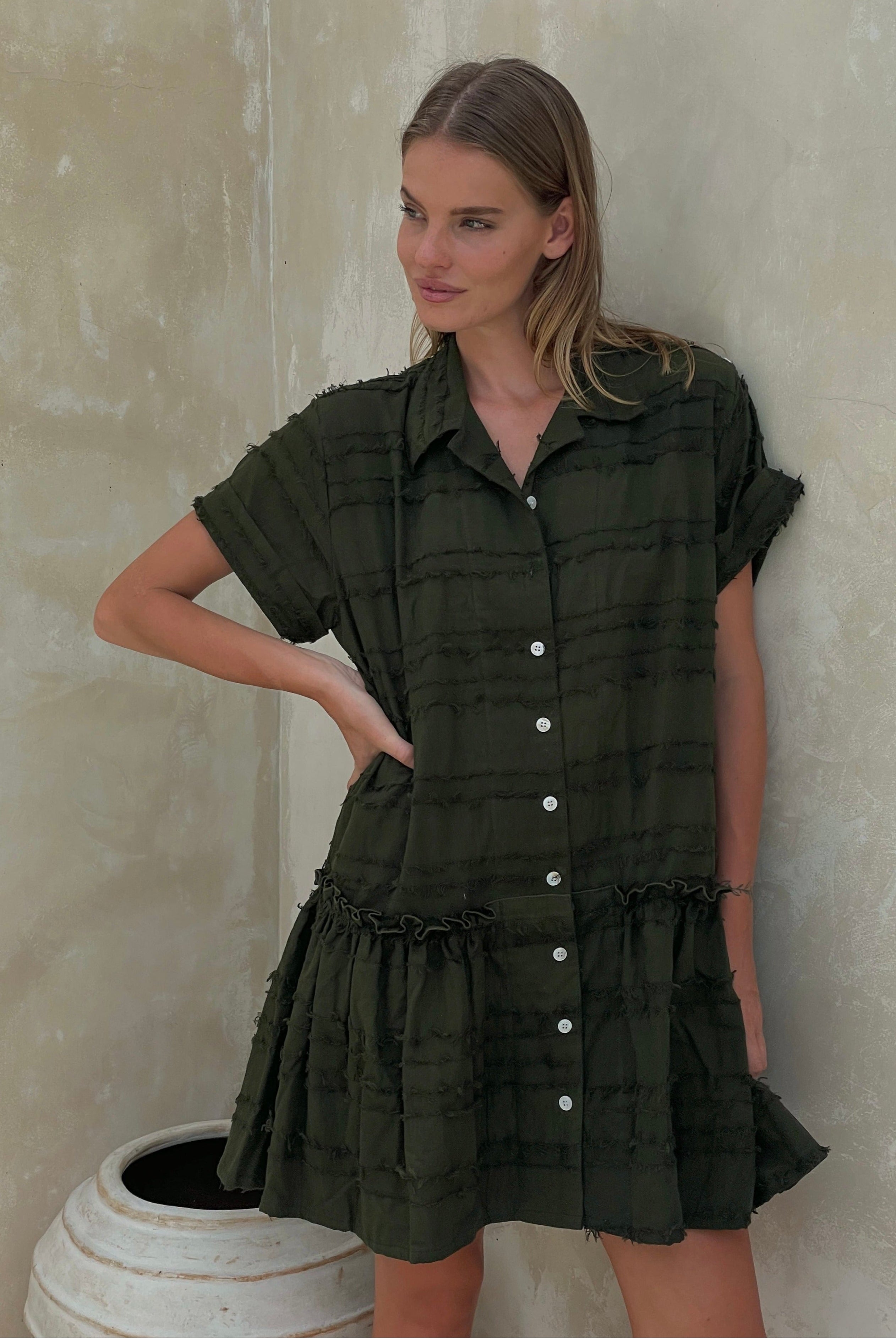 Olive green short sleeve button up dress for women, easy to wear summer dresses