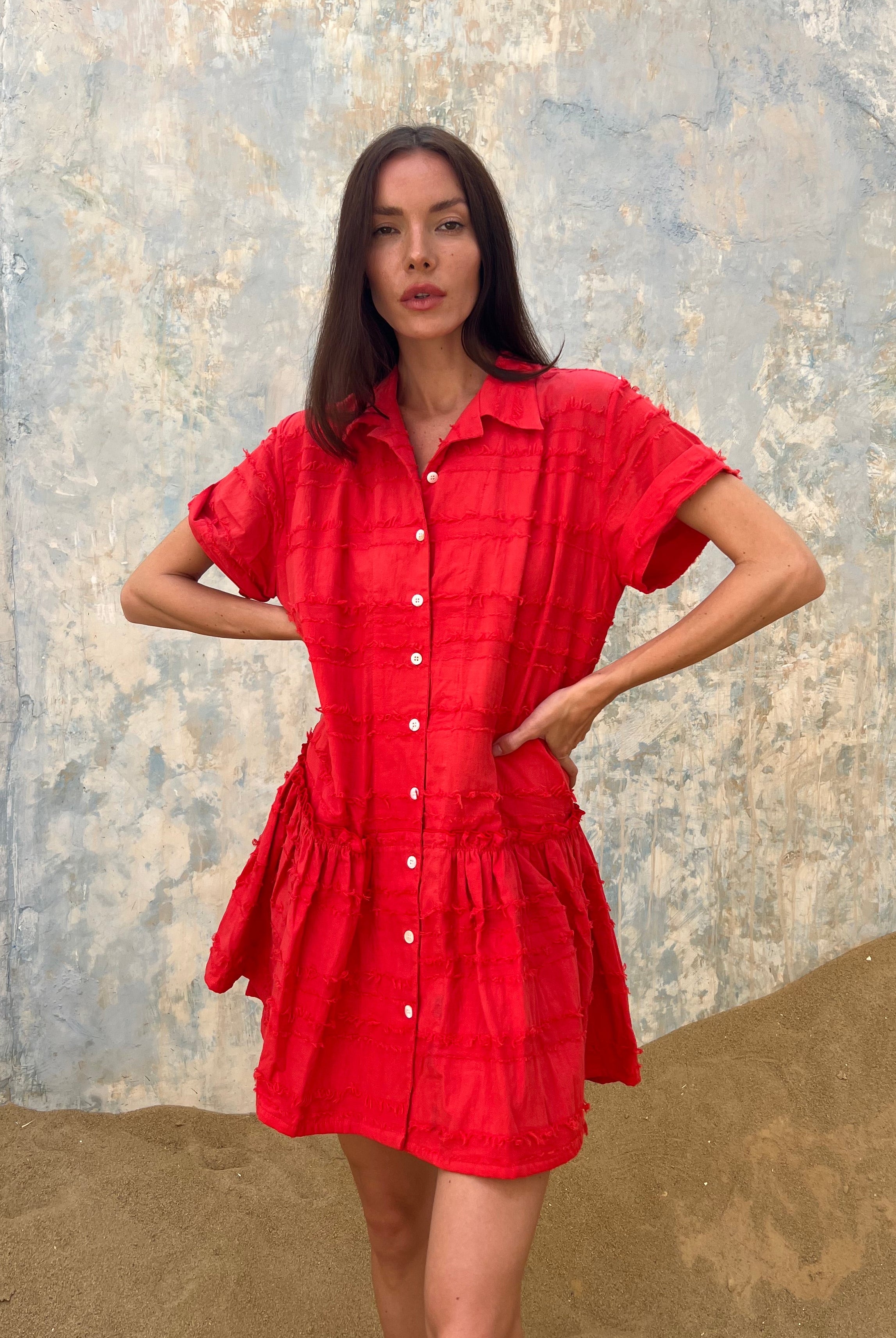 Coral, easy to throw on red button-up short dress for women