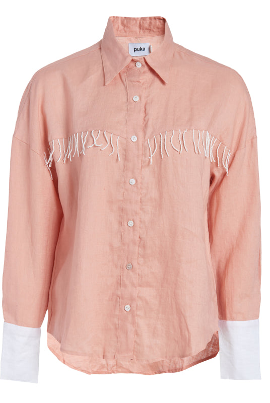 Puka The Label peach Ulu fringe top styled ranch-to-resort — a versatile western button-up blouse for fall and travel