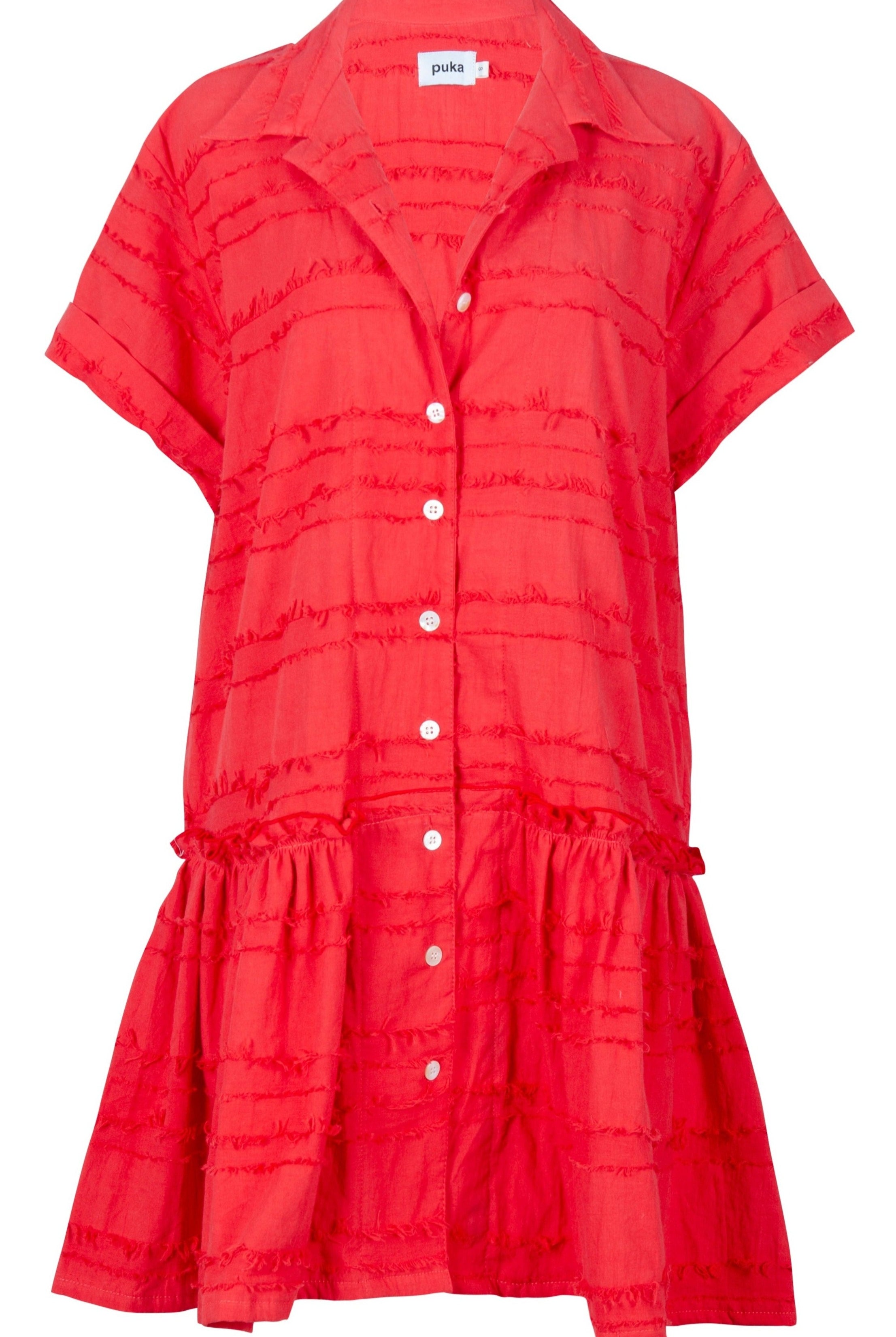 Ripley Dress coral ghost mannequin flat lay, textured cotton short sleeve button-up mini dress 100% cotton, preppy, easy to throw on dresses, Puka The Label 2026