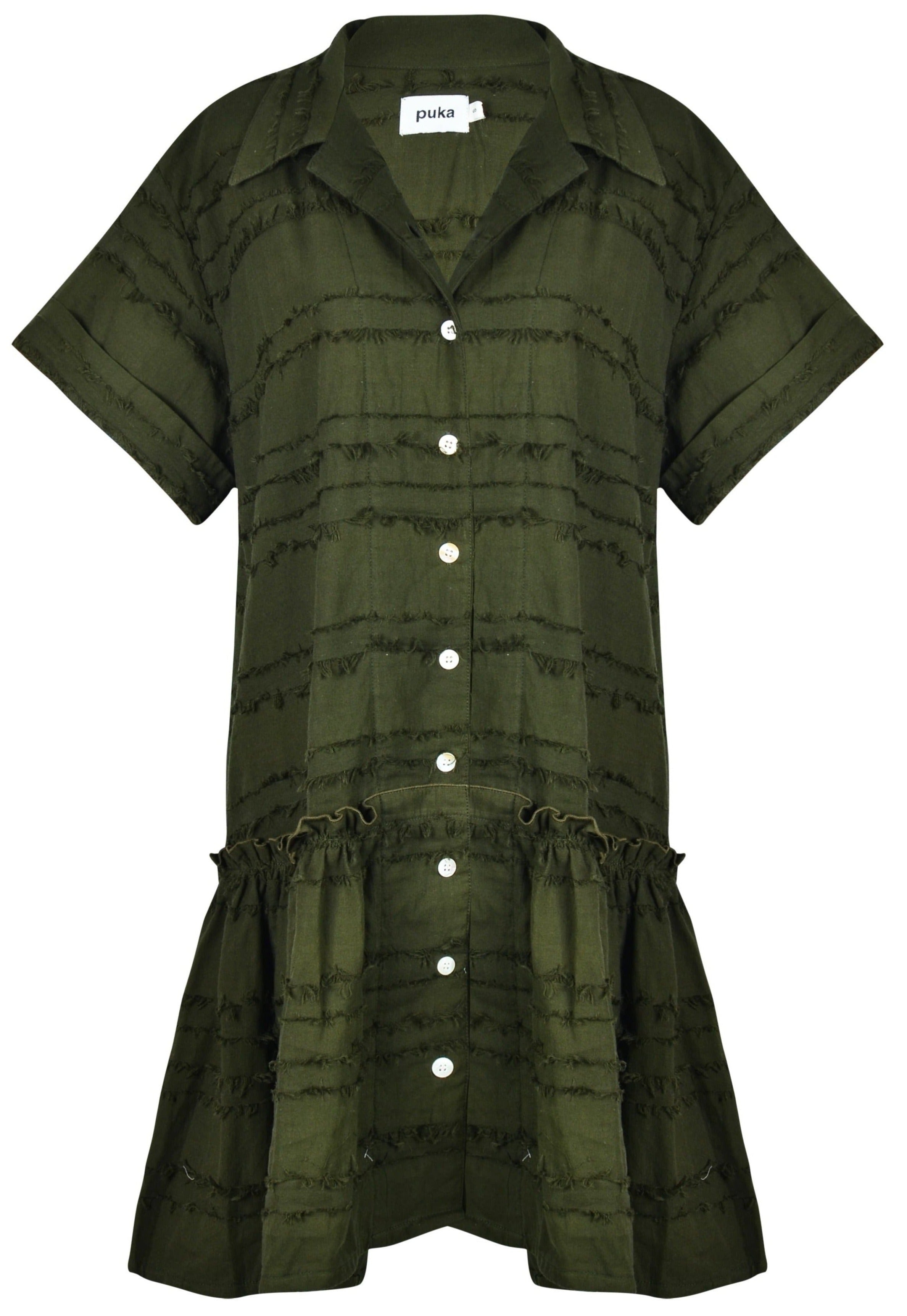 Ripley Dress olive green ghost mannequin flat lay, dark green textured cotton short sleeve button-up mini dress 100% cotton Puka The Label 2026