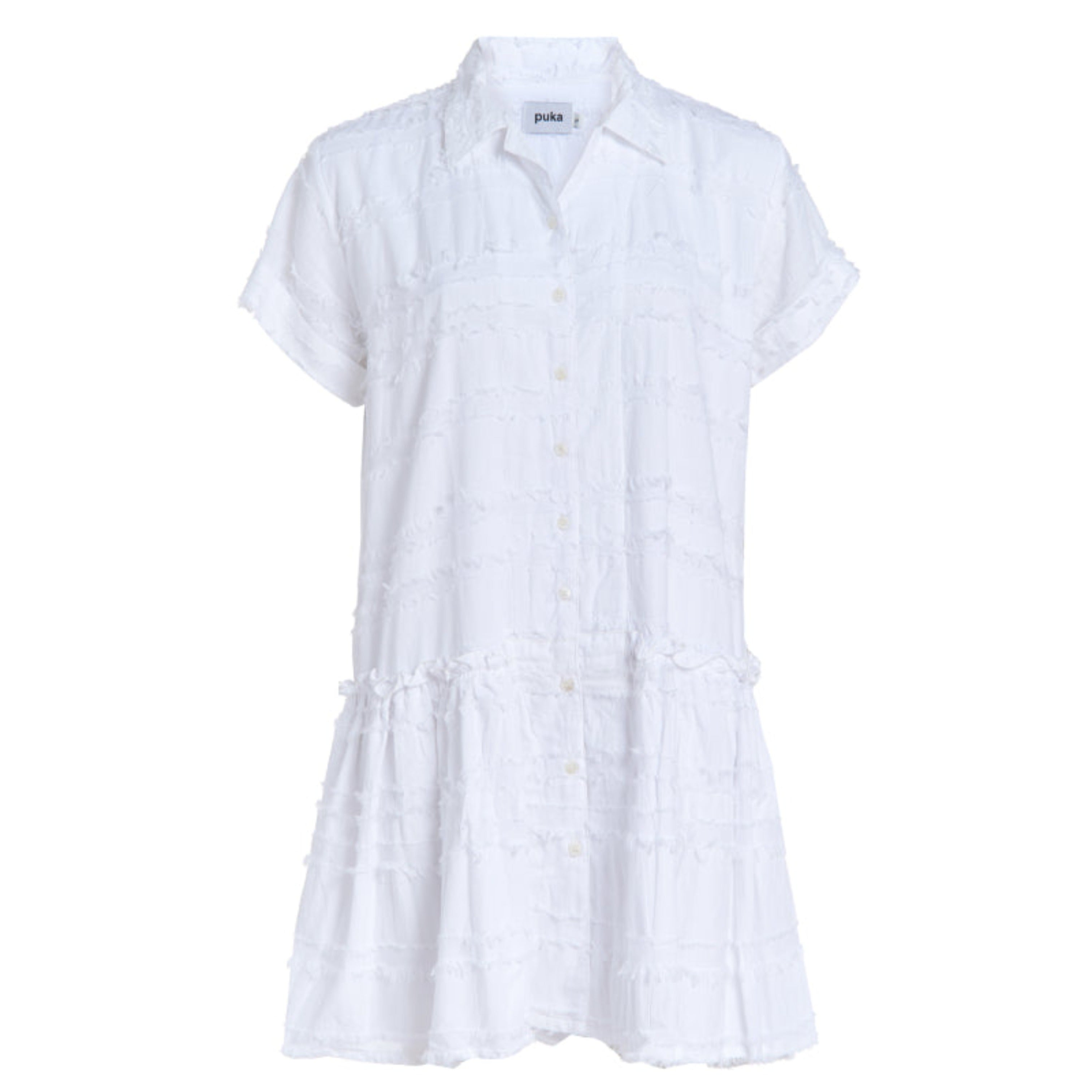 White textured cotton short sleeve button-up mini dress — ghost mannequin product photo, Puka The Label