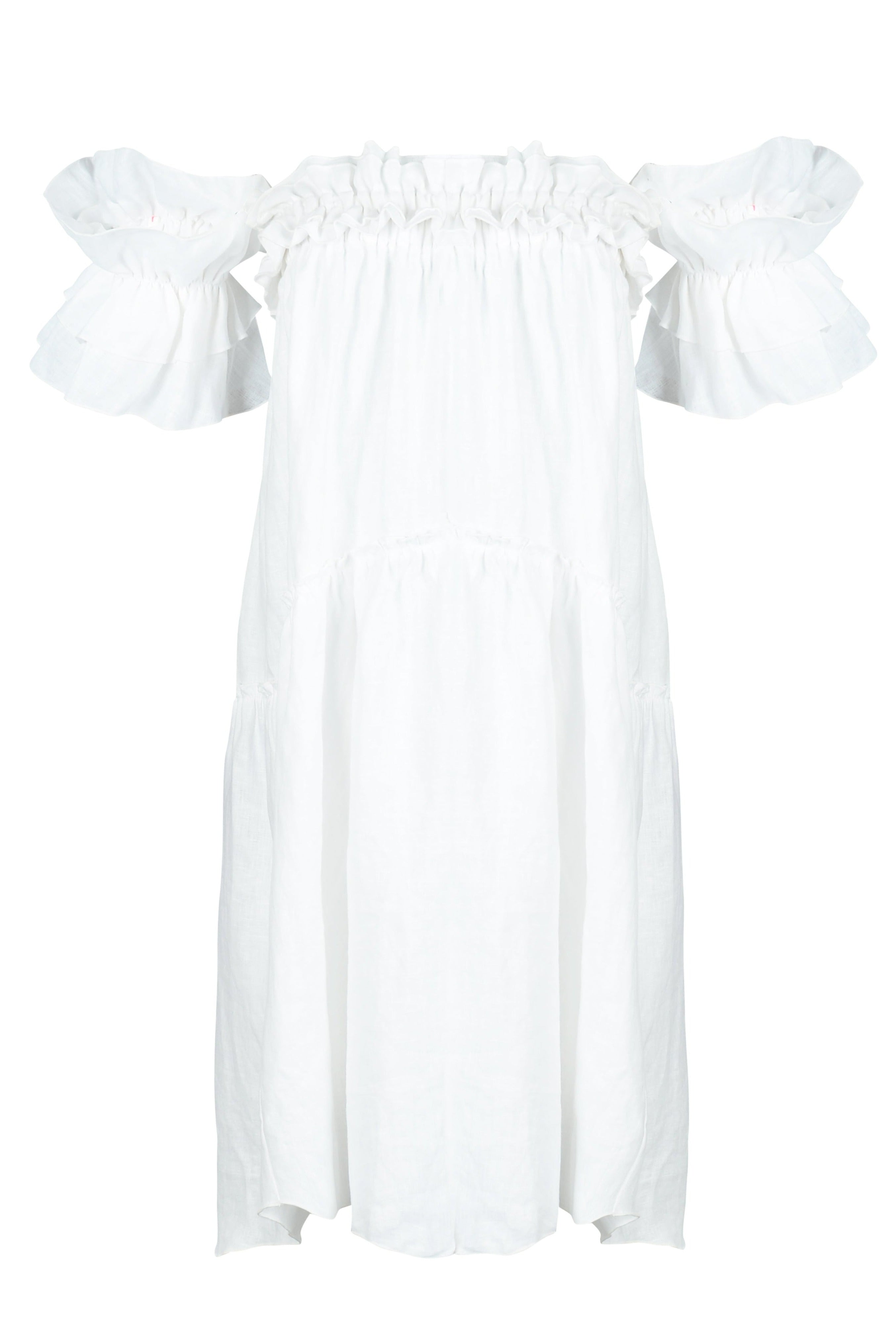 White linen Blooms Dress front view — off-shoulder ruffle mini dress ghost mannequin product shot, Puka The Label