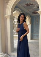 Gili Dress in Navy - fall transitional maxi dress, krinkle texture, navy blue women's evening dress NYC fashion