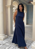 Women's Navy Krinkle Maxi Dress - Puka The Label Gili Dress, fall fashion staple, rich navy blue textured fabric