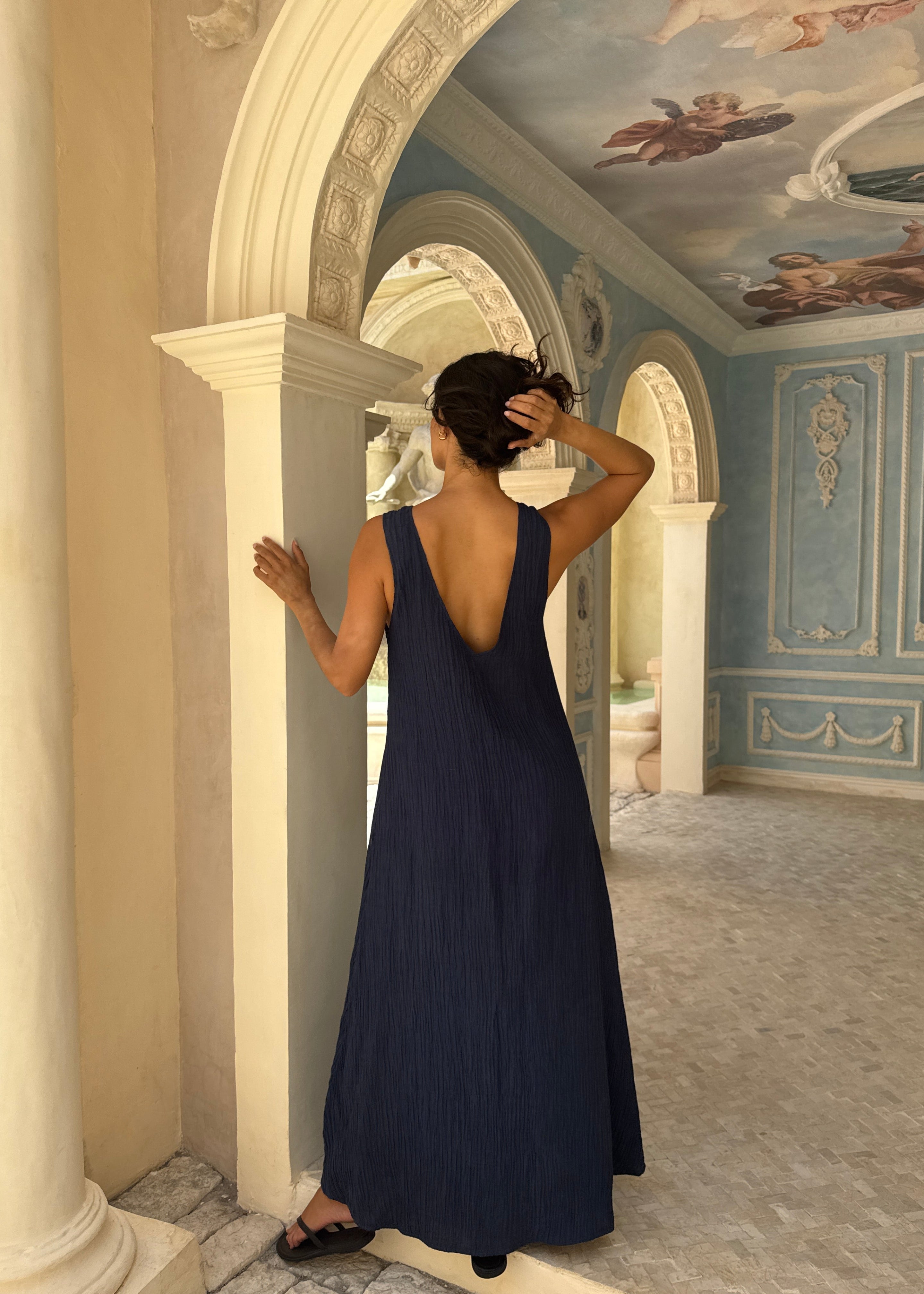 Navy Maxi Dress Krinkle Texture - Gili Dress fall outfit, elegant women's dress for fall events, Puka The Label