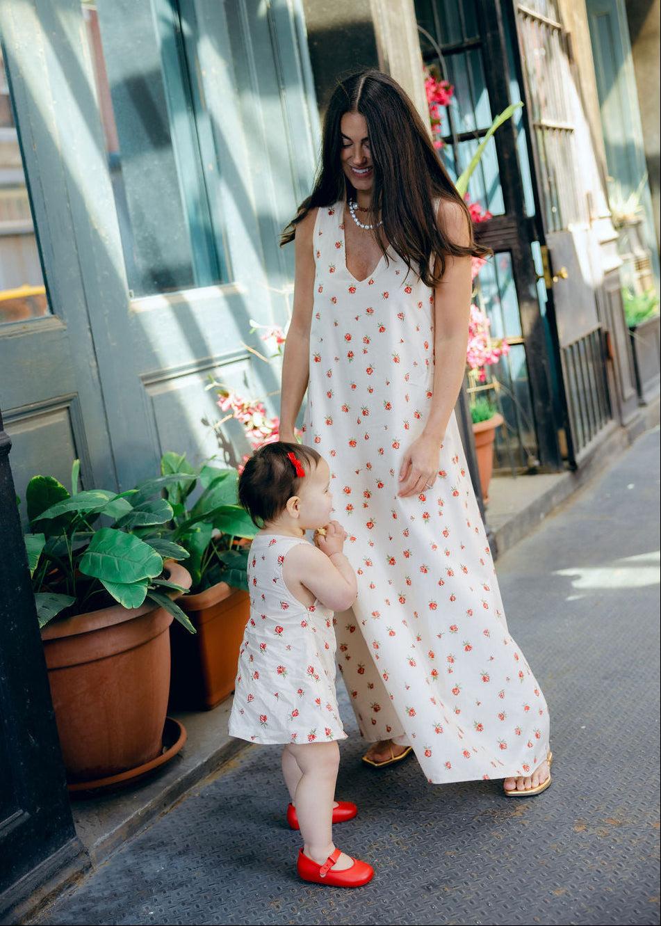 Little Gili Red Posey cream floral cotton toddler dress detail shot, spring summer Mommy and Me girls Easter dress by Puka The Label