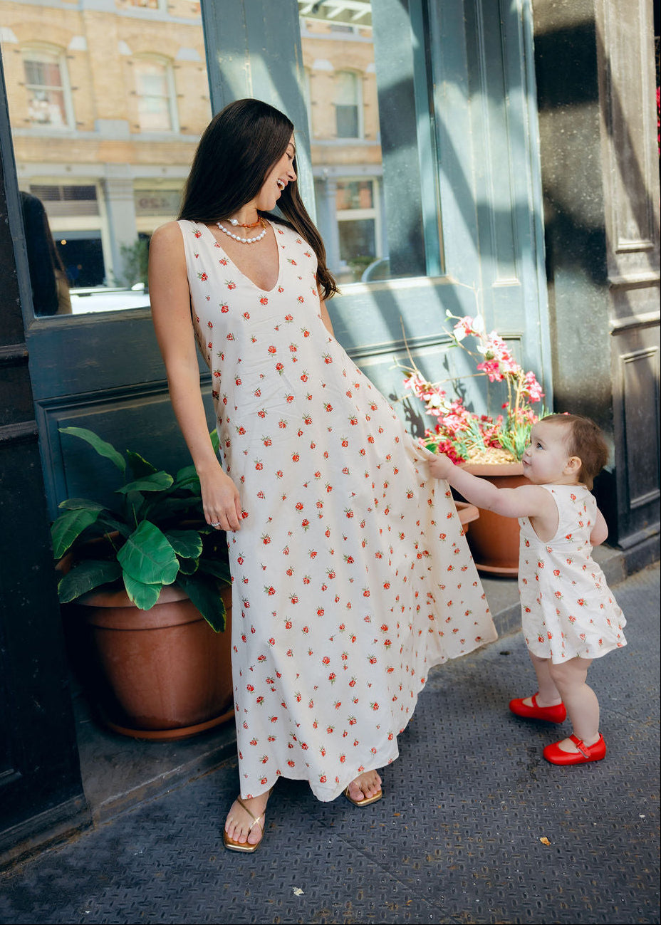 Little Gili Red Posey girls spring summer toddler dress, reversible neckline floral cotton Easter kids dress by Puka The Label