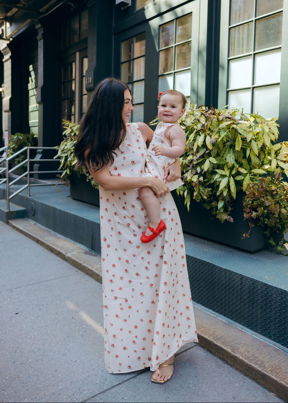 Mommy and Me Red Posey matching floral dresses outdoors, Little Gili toddler girls spring summer Easter kids dress by Puka The Label