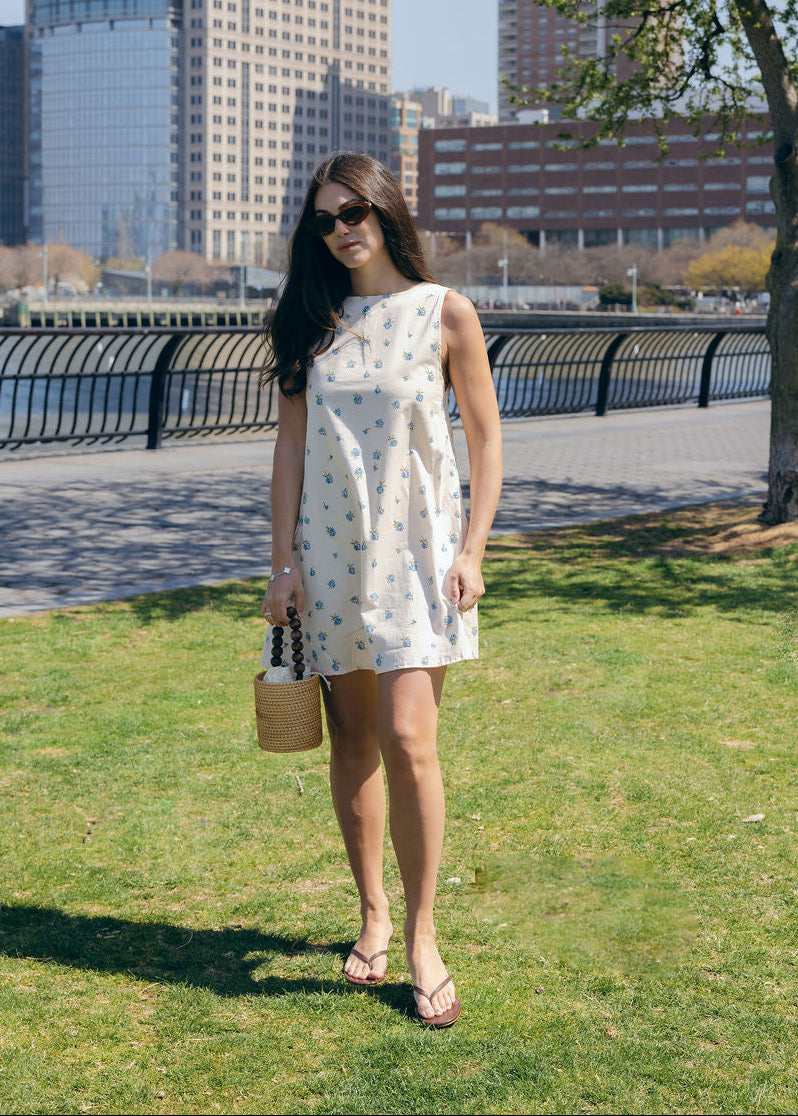 Blue Posey Mini Gili reversible floral cotton mini dress full length front view spring summer 2026 Puka The Label