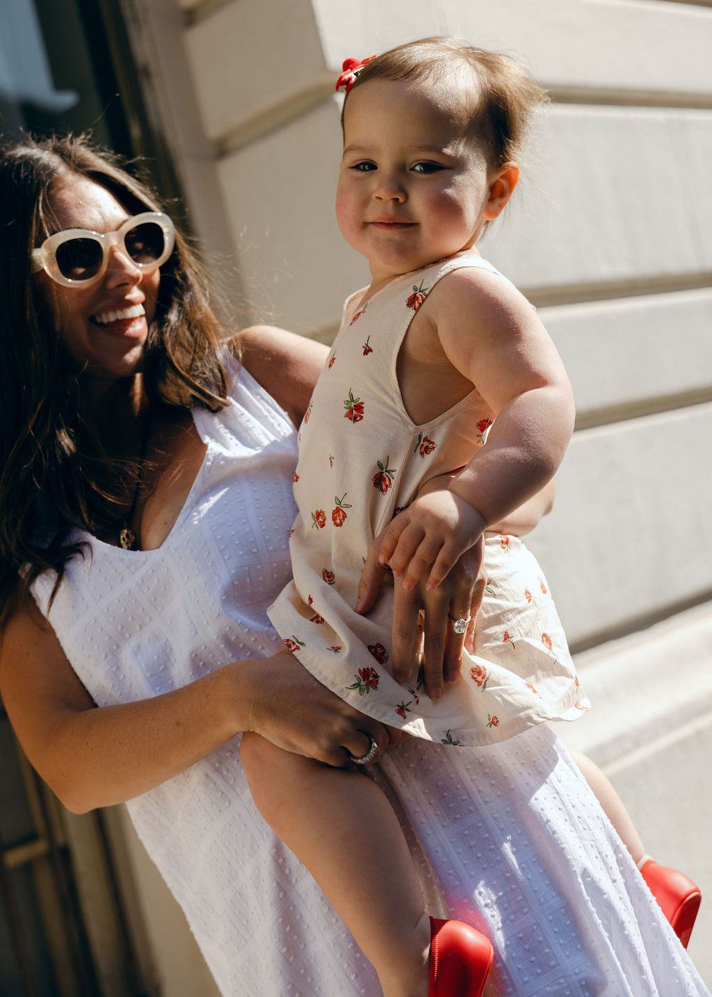 Mommy and Me matching Red Posey floral dresses, Little Gili toddler girls dress paired with adult Gili Dress, Mother's Day Easter spring look by Puka The Label