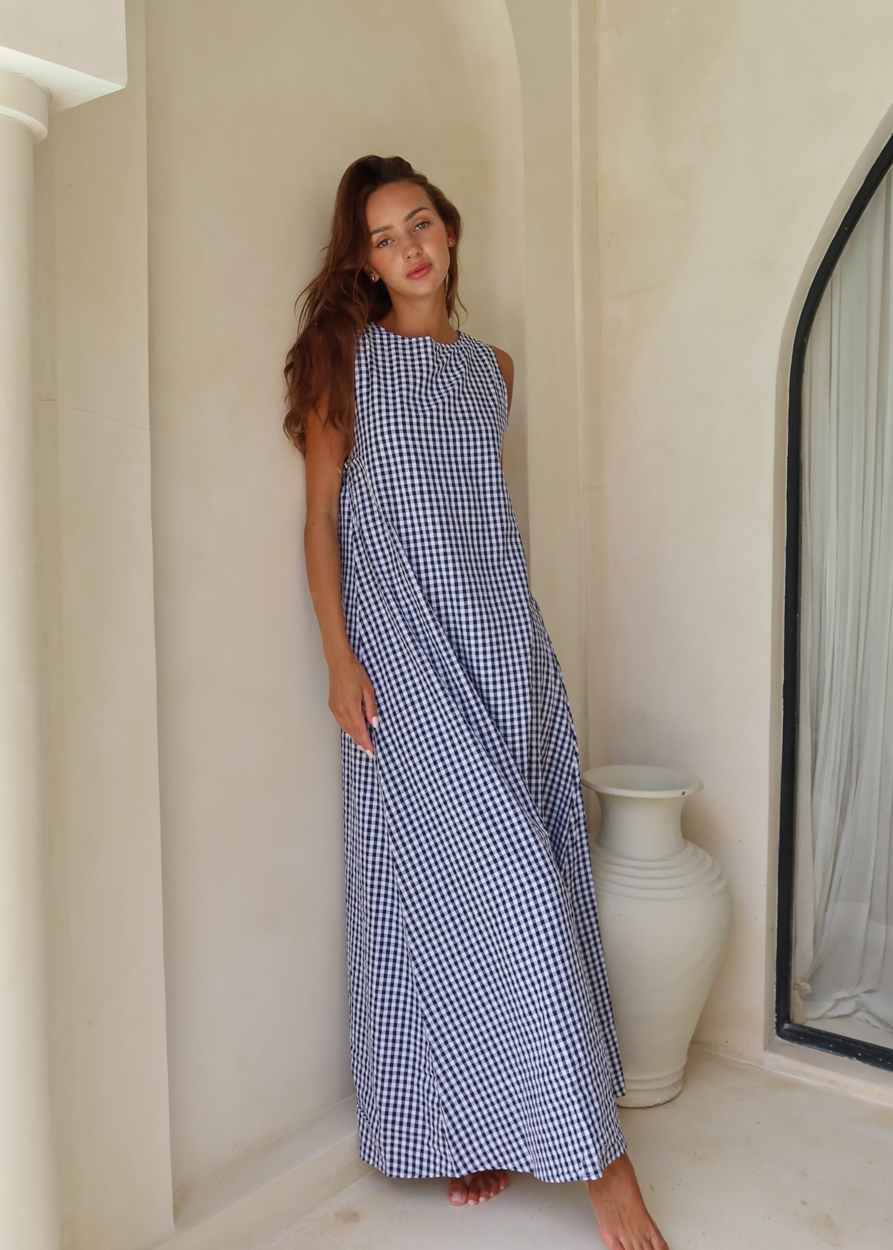 blue and white checked dress Lillian in Dark Gingham This maxi dress OBEEII Kids Girl Blue and