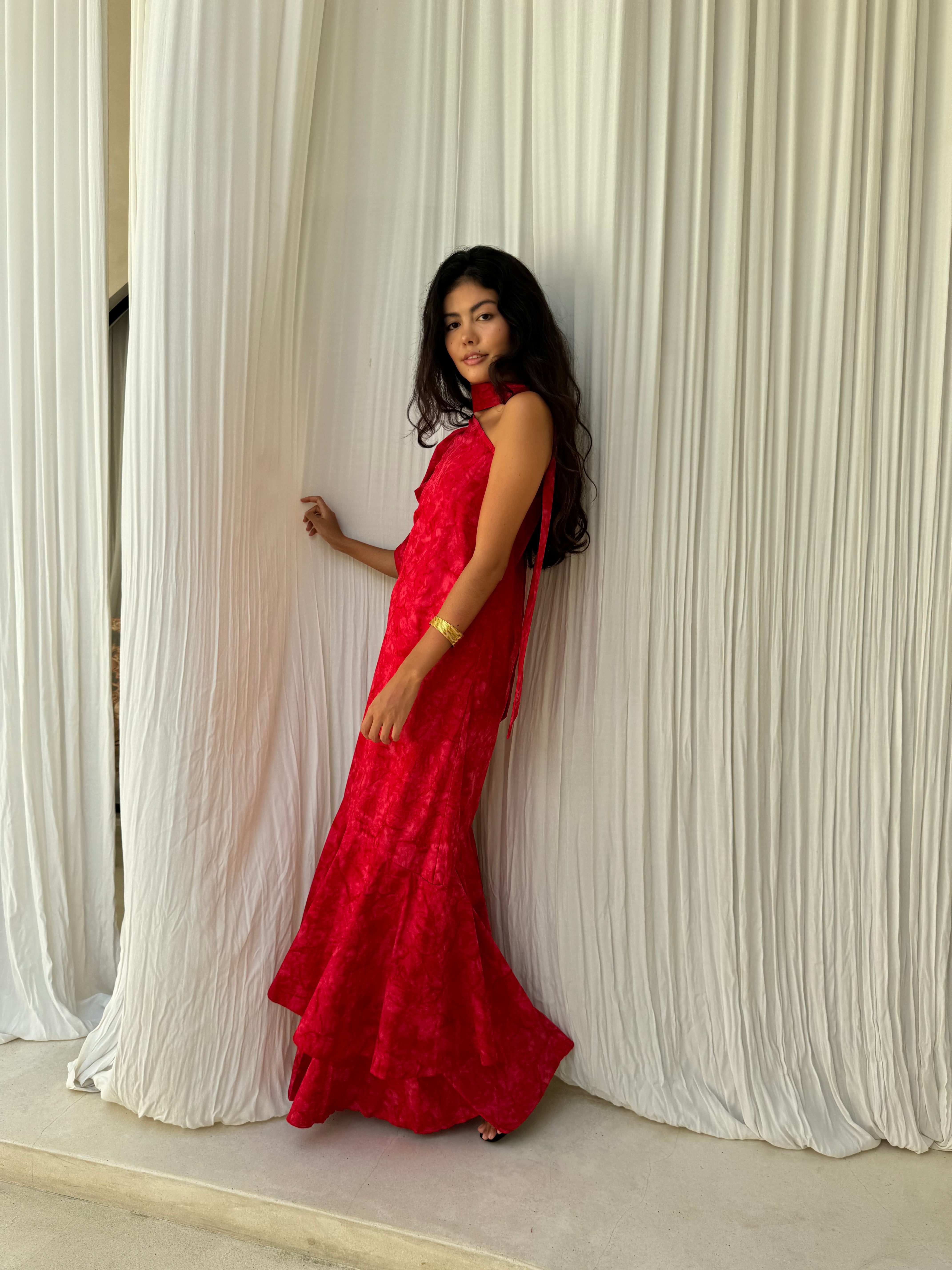 oliday party dress idea red ruffle maxi, elegant evening outfit women 2026 unique hand-dyed cotton dress