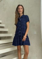 Navy button-up short sleeve dress, east coast easy to wear, flattering dress for everyday