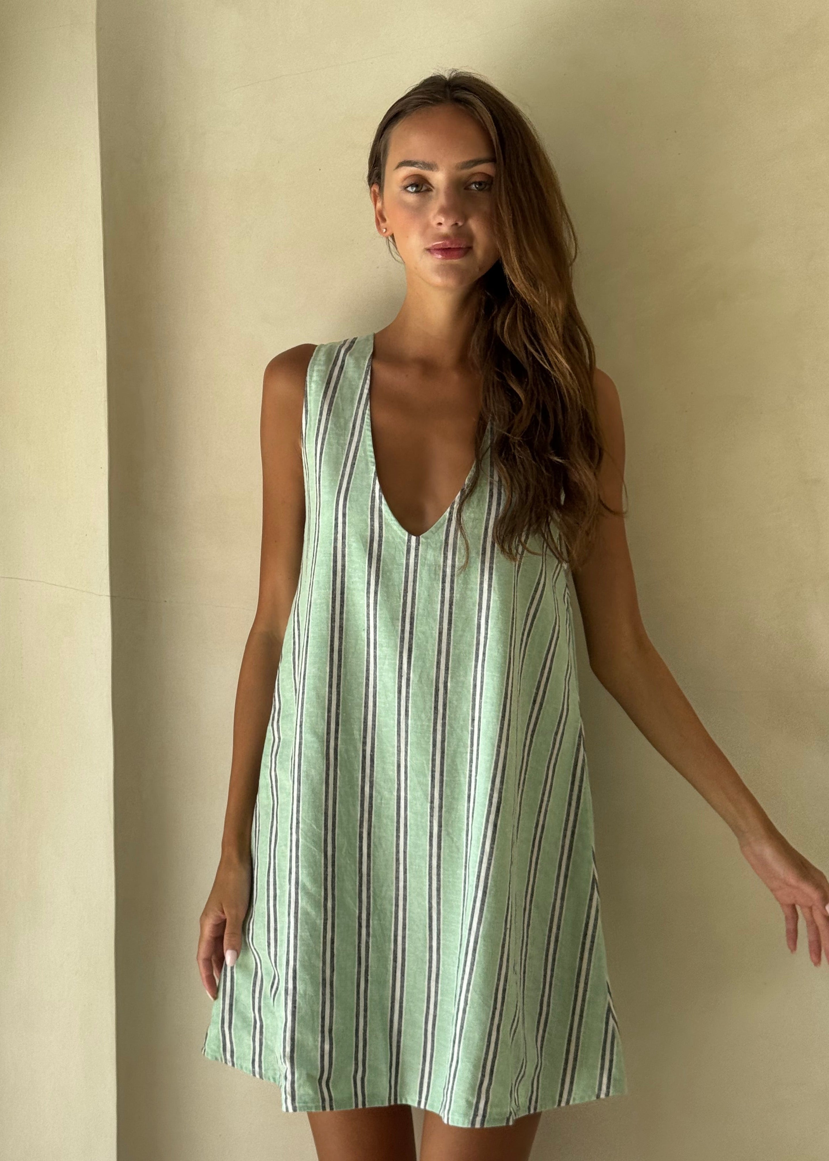 Aquamarine green stripe mini dress Rhode Island and Newport preppy summer outfit 2026, vibrant beach inspired cotton dress for East Coast coastal destination