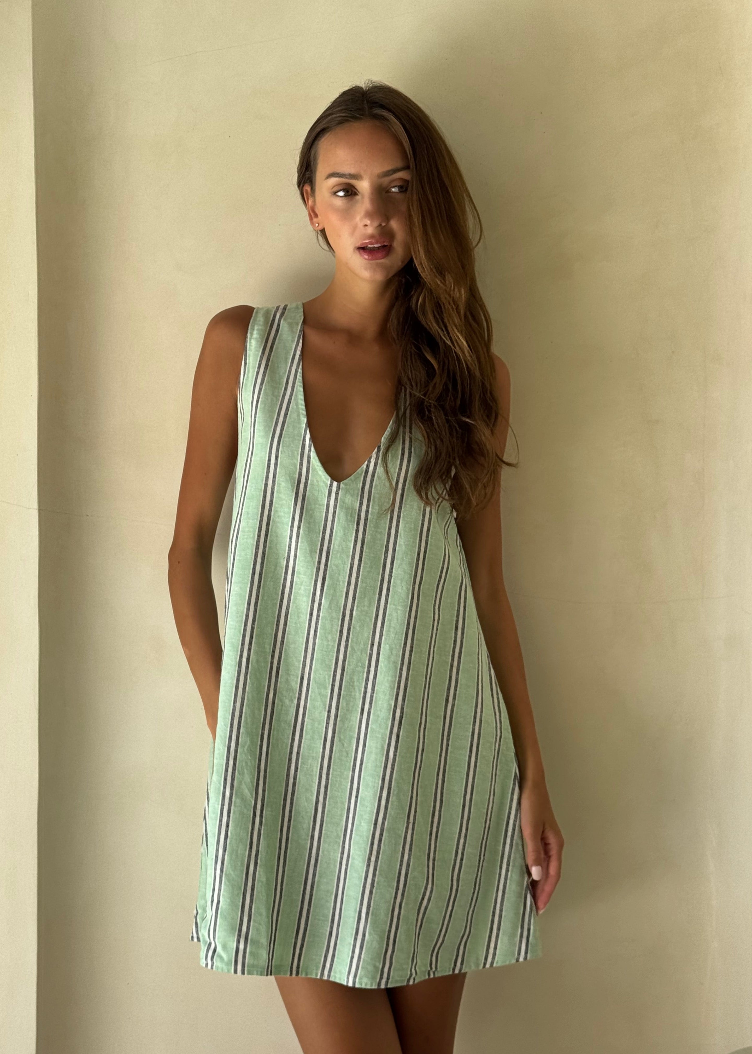 Aquamarine green stripe reversible mini dress beach vacation outfit summer, hemp organic cotton V-neck or high neck mini dress Puka The Label