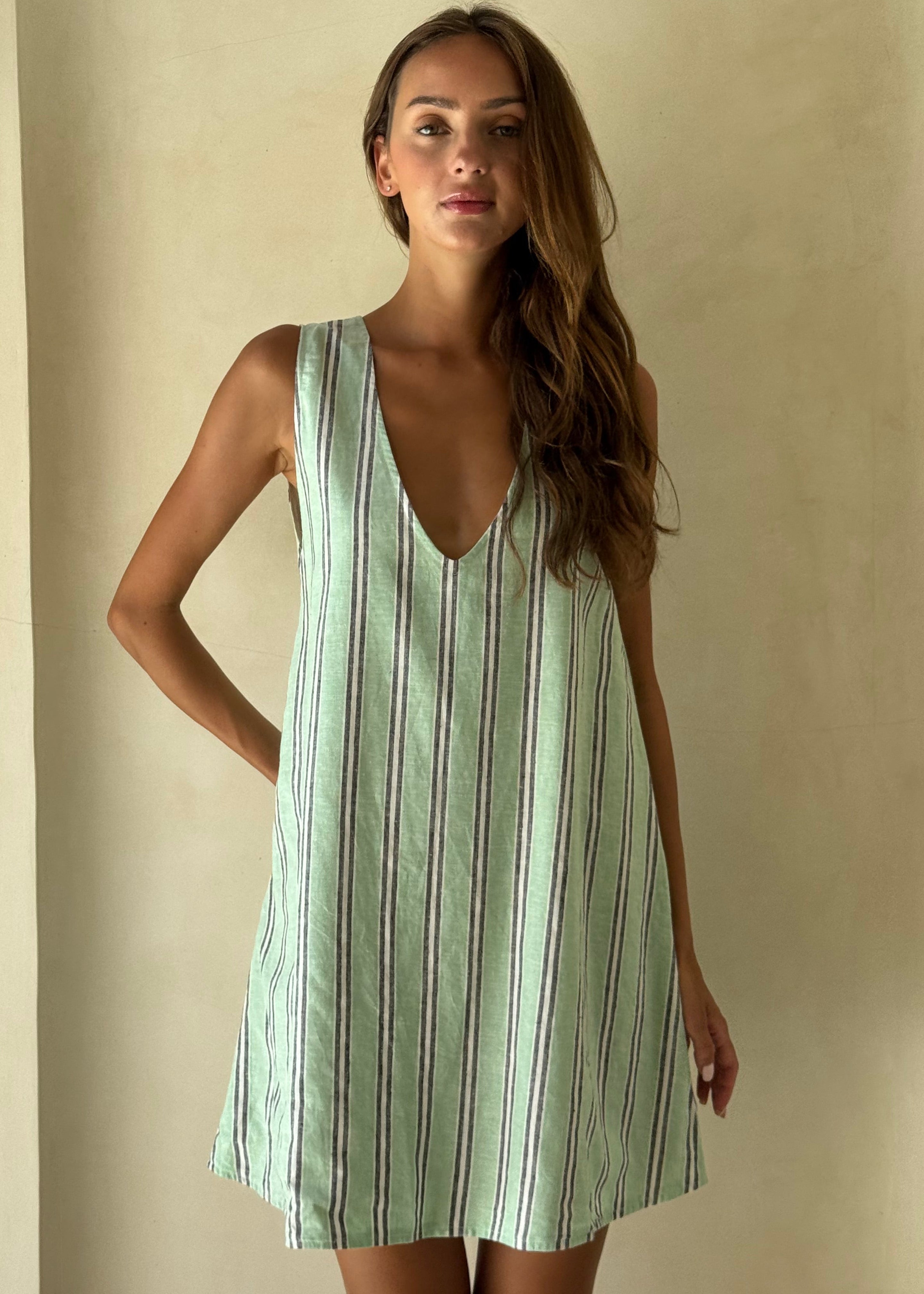 Bright green stripe preppy mini dress Nantucket summer outfit 2026, vibrant hemp cotton beach inspired dress for East Coast coastal getaway and harbor town