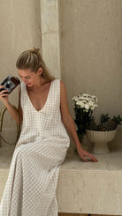 Preppy coastal beige check maxi — sophisticated everyday dress for European summer or Nantucket, Puka The Label