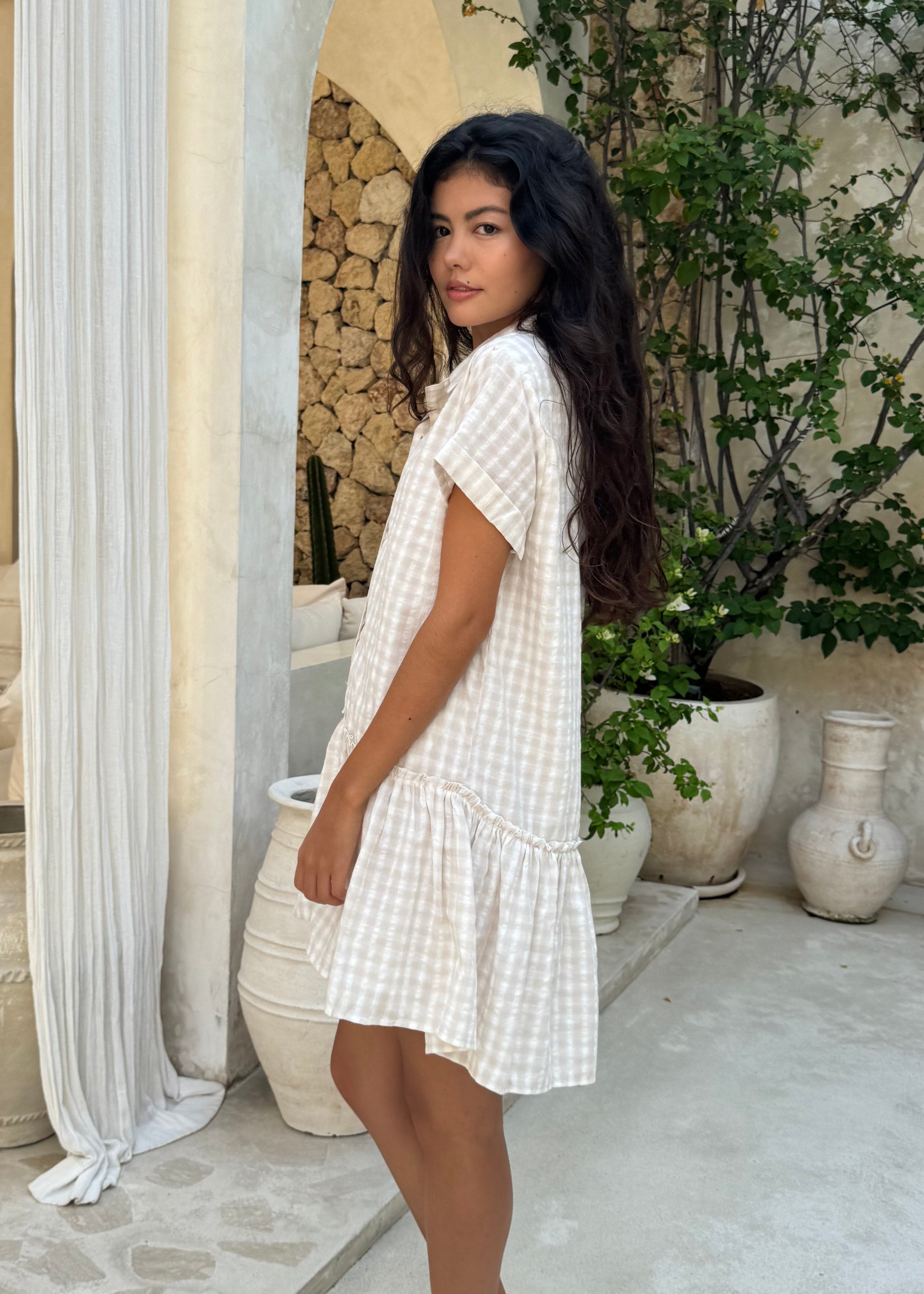 Beige gingham cotton dress Mother's Day brunch outfit spring 2026, elegant neutral mini dress for outdoor spring celebration and garden party