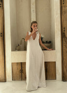 Reversible beige gingham maxi — bump-friendly, chic easy to wear resort dress for beach vacation, Puka The Label
