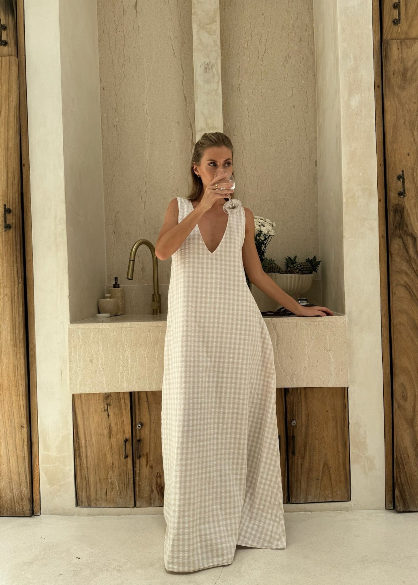 Reversible beige gingham maxi — bump-friendly, chic easy to wear resort dress for beach vacation, Puka The Label
