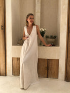 Beige gingham cotton maxi dress — chic easy vacation outfit for the Hamptons or Palm Beach, Puka The Label